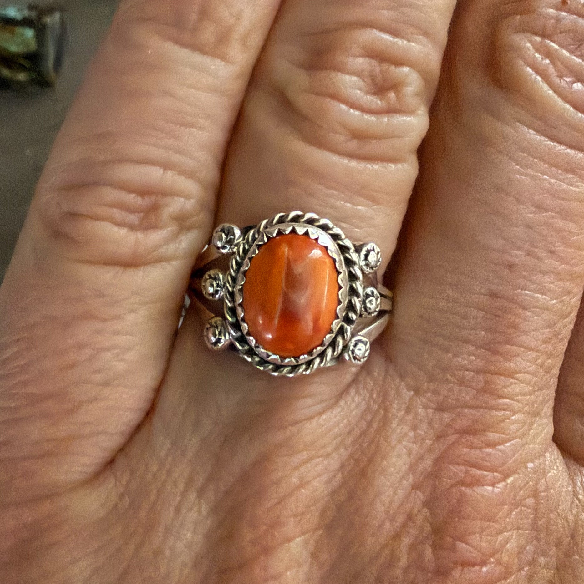 Authentic Native American Handmade Sterling Silver and Spiny Oyster Ring size 7.