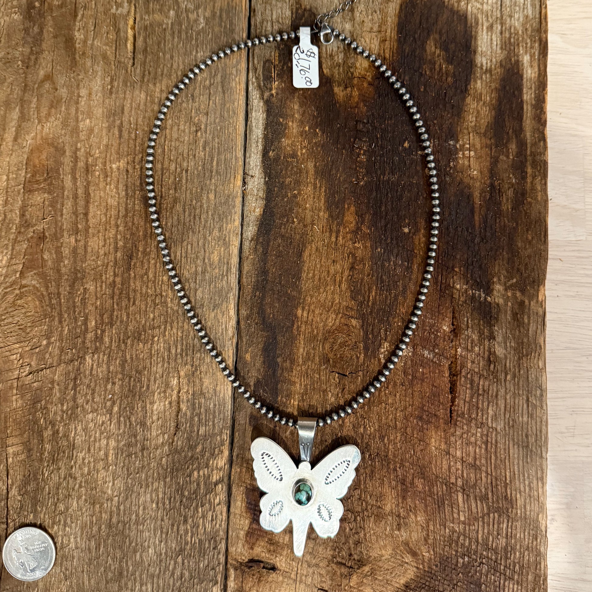 Authentic Native American Handmade Sterling Silver and Turquoise Butterfly Pendant