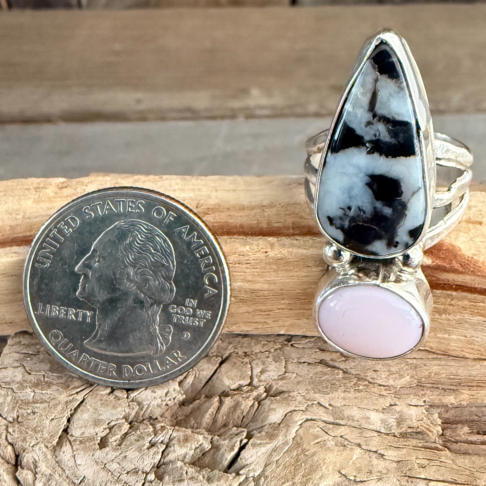 Authentic Native American Handmade Sterling Silver, Pink Conch Shell, and Zebra Stone Ring size 7 1/2.