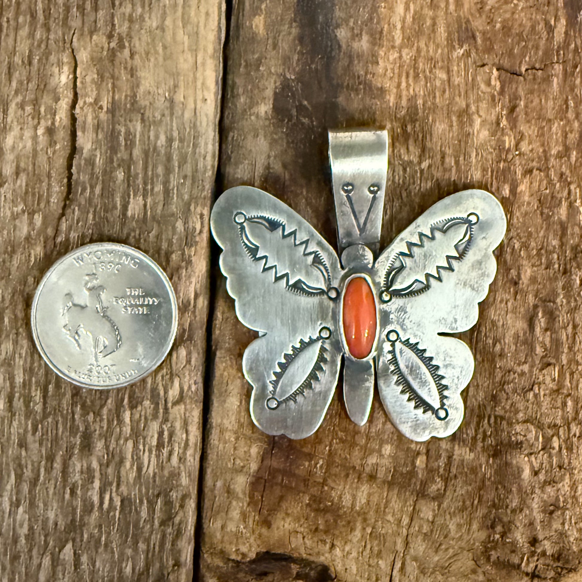 Authentic Native American Handmade Sterling Silver and Coral Butterfly Pendant