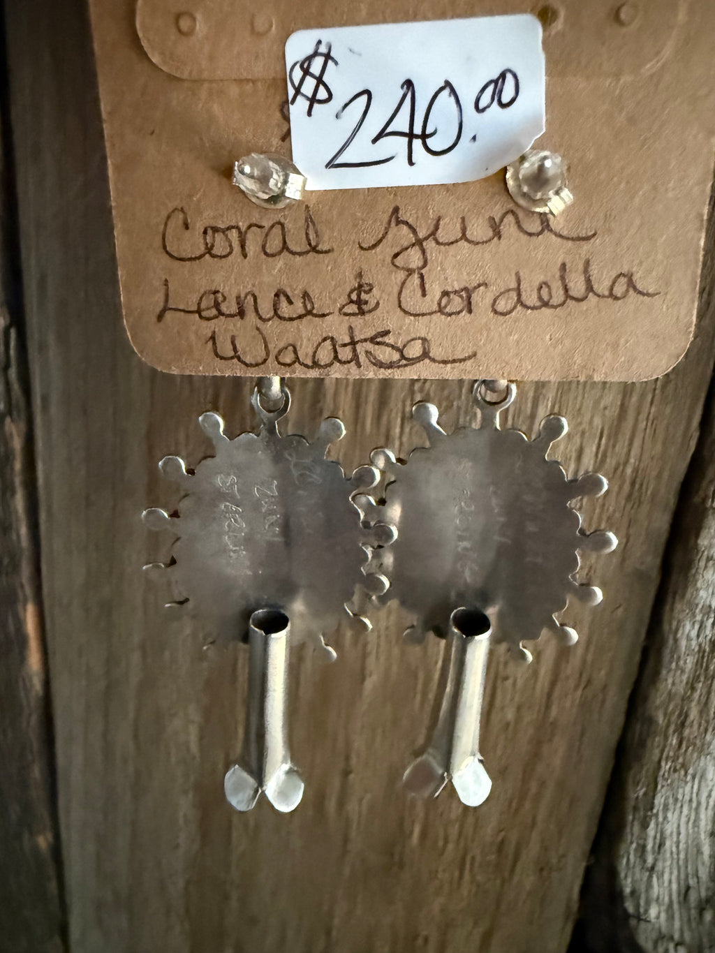 Authentic Native American Handmade Coral Zuni Needlepoint Stud Dangling Earrings