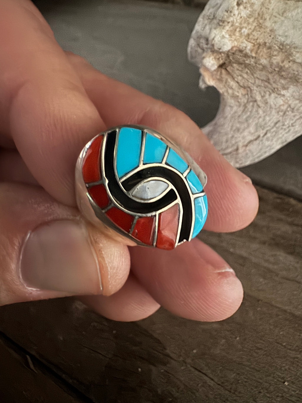 Turquoise-Mother of Pearl-Coral Handmade Ring Size 9.5