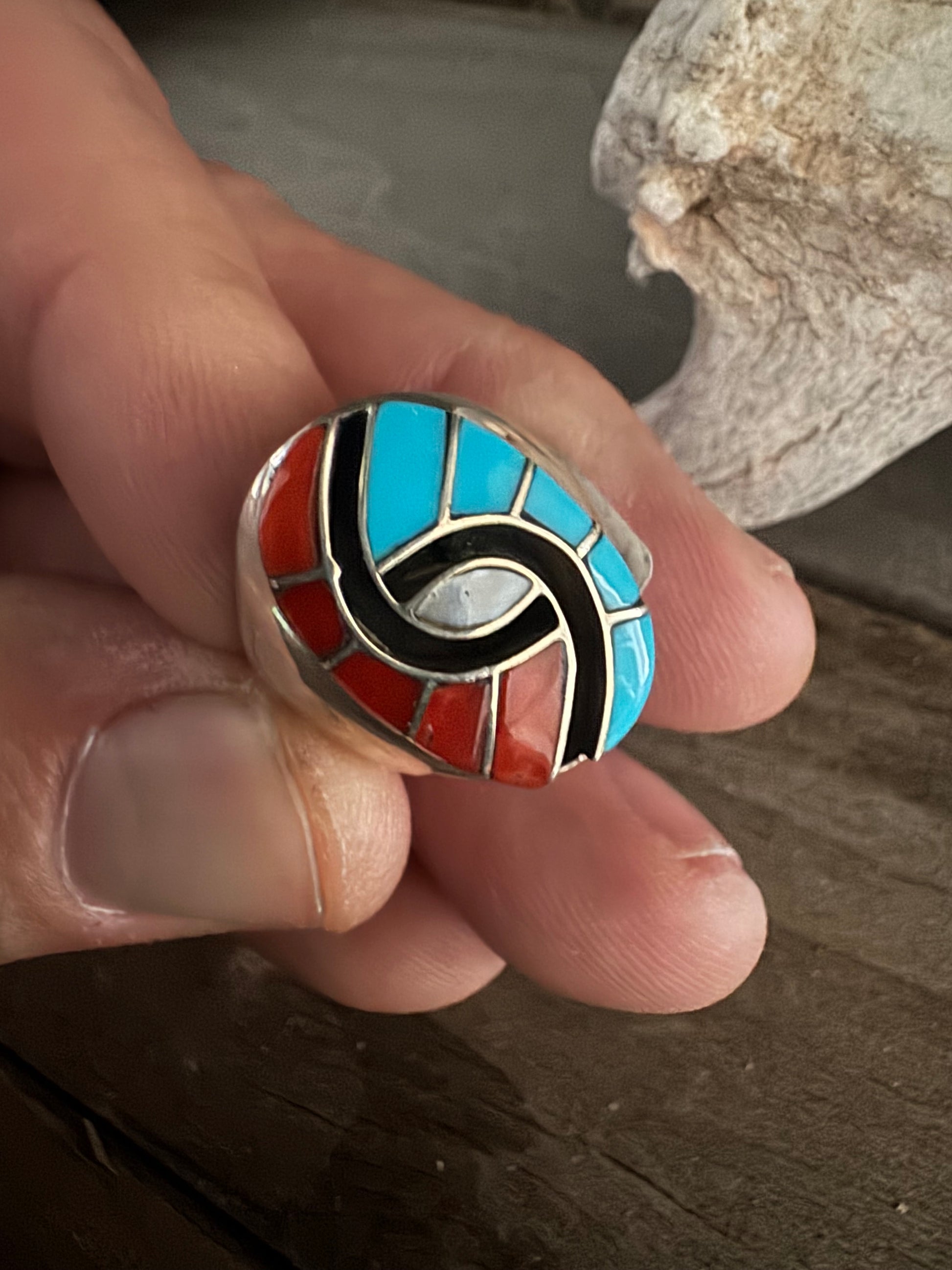 Turquoise-Mother of Pearl-Coral Handmade Ring Size 9.5