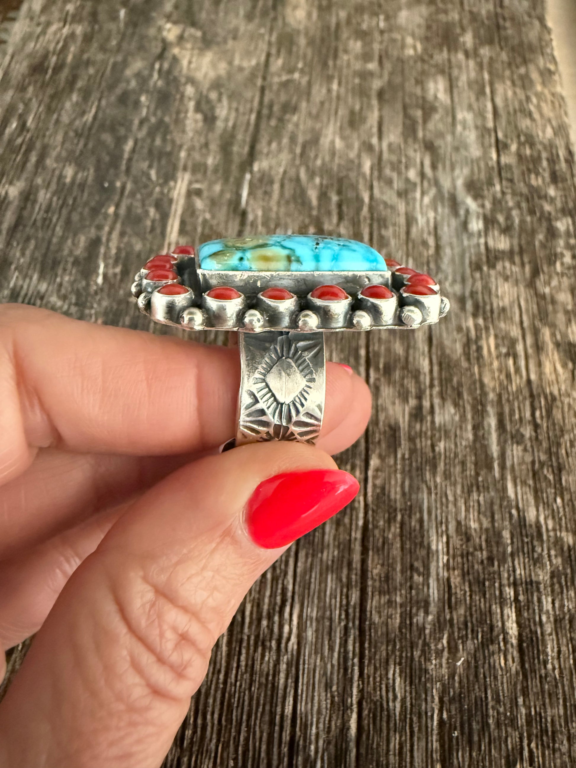 Leon Martinez Handmade Custom Silver Coral-Kingman Turquoise Adjustable Ring