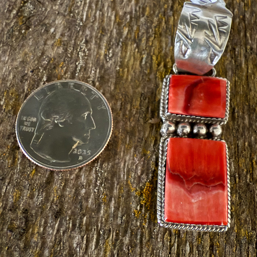 Authentic Native American Handmade Sterling Silver and Red Orange Spiny Oyster Pendant.