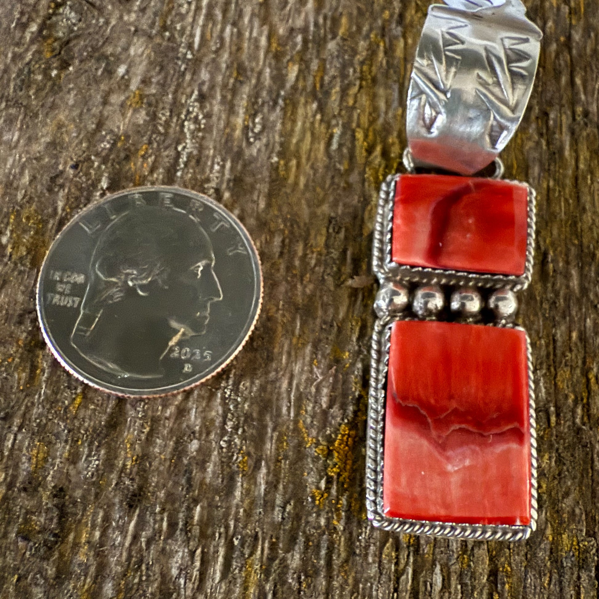 Authentic Native American Handmade Sterling Silver and Red Orange Spiny Oyster Pendant.