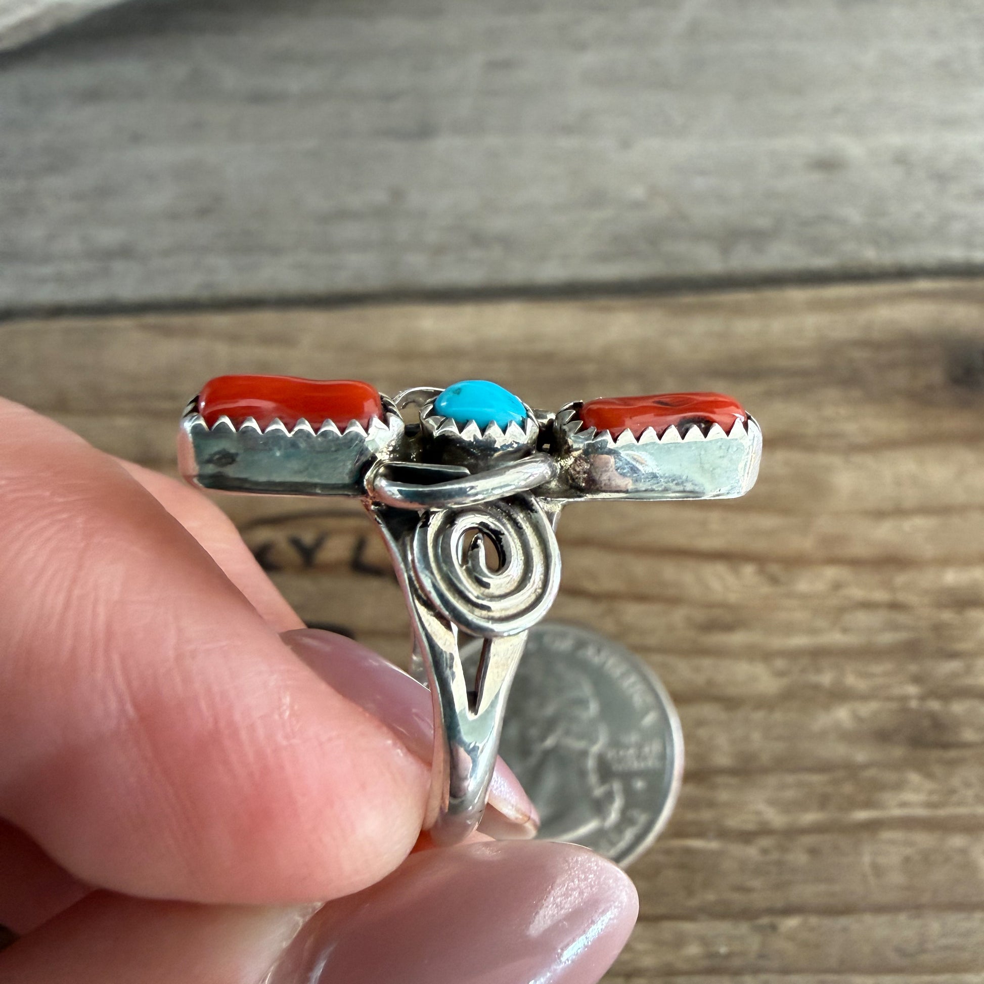 Authentic Native American Handmade Sterling Silver,Turquoise and Mediterranean Coral Ring size 5 1/2
