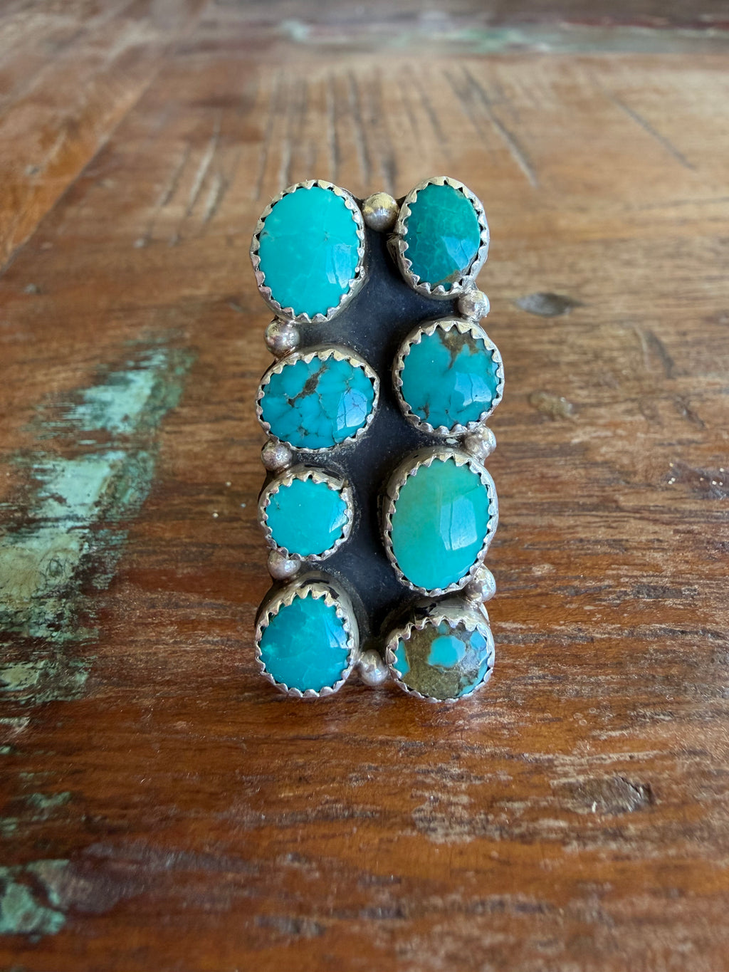 Native American Handmade 8 Stone  Cluster Turquoise-Silver Adjustable Ring