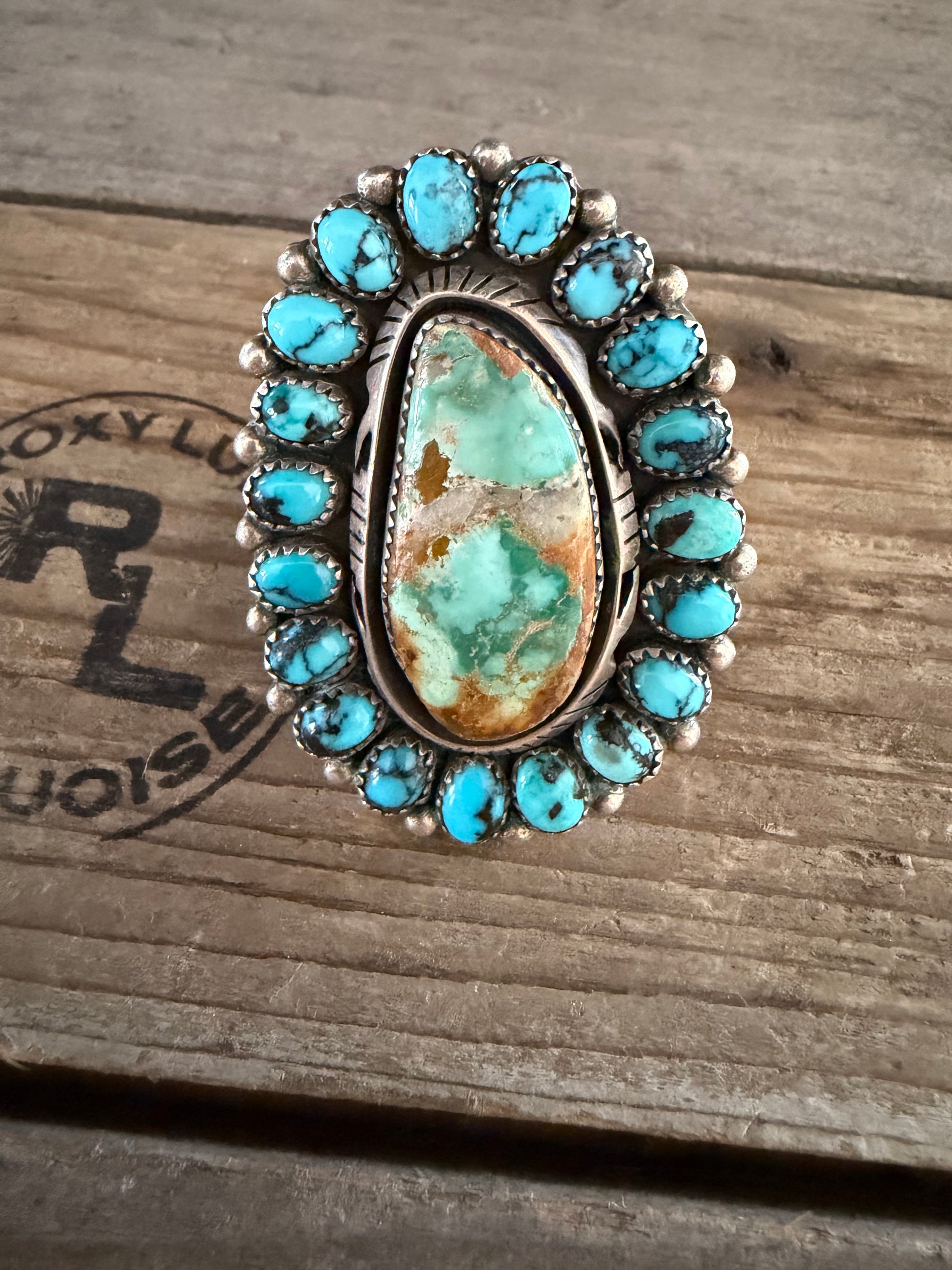 Native American Marcus Chavez Handmade Turquoise Cluster Ring Size 10