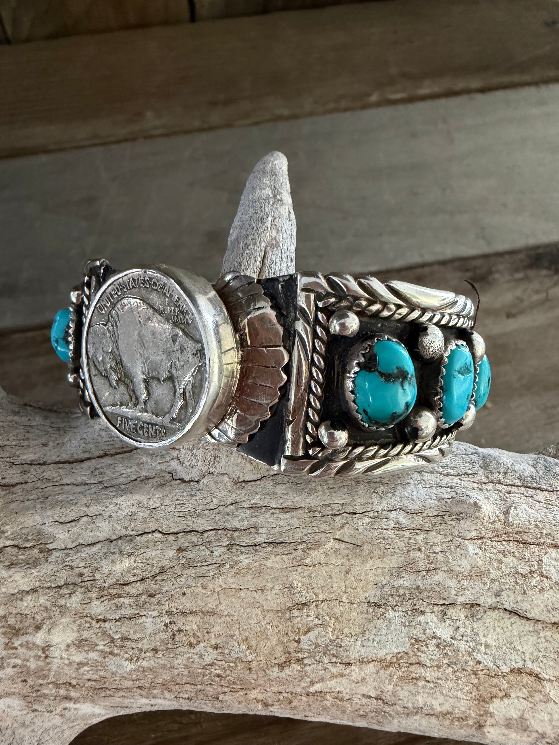 Native American Handmade Vintage Watch-Cuff Sterling Silver Kingman Turquoise
