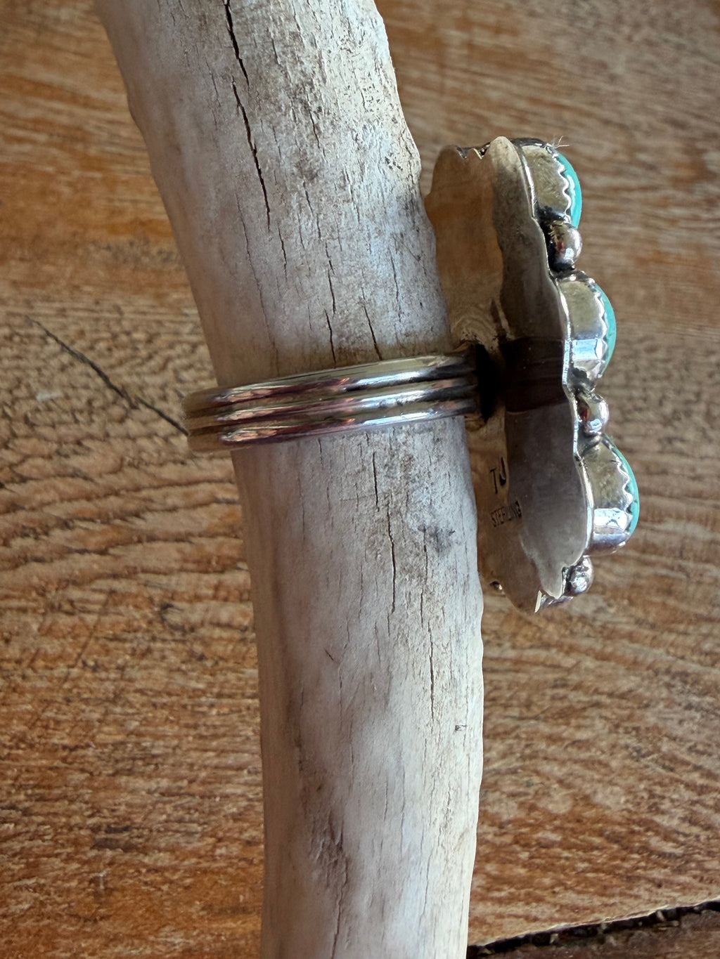 Native American Fairren Begay Handmade Sterling Silver Kingman Turquoise Cluster Adjustable Ring