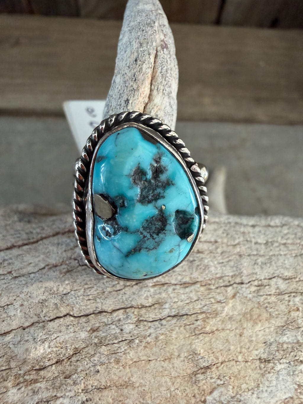 Native American 🇺🇸 Linda Yazzie Handmade Sterling Silver-Whitewater Turquoise w/Pyrite Size 9