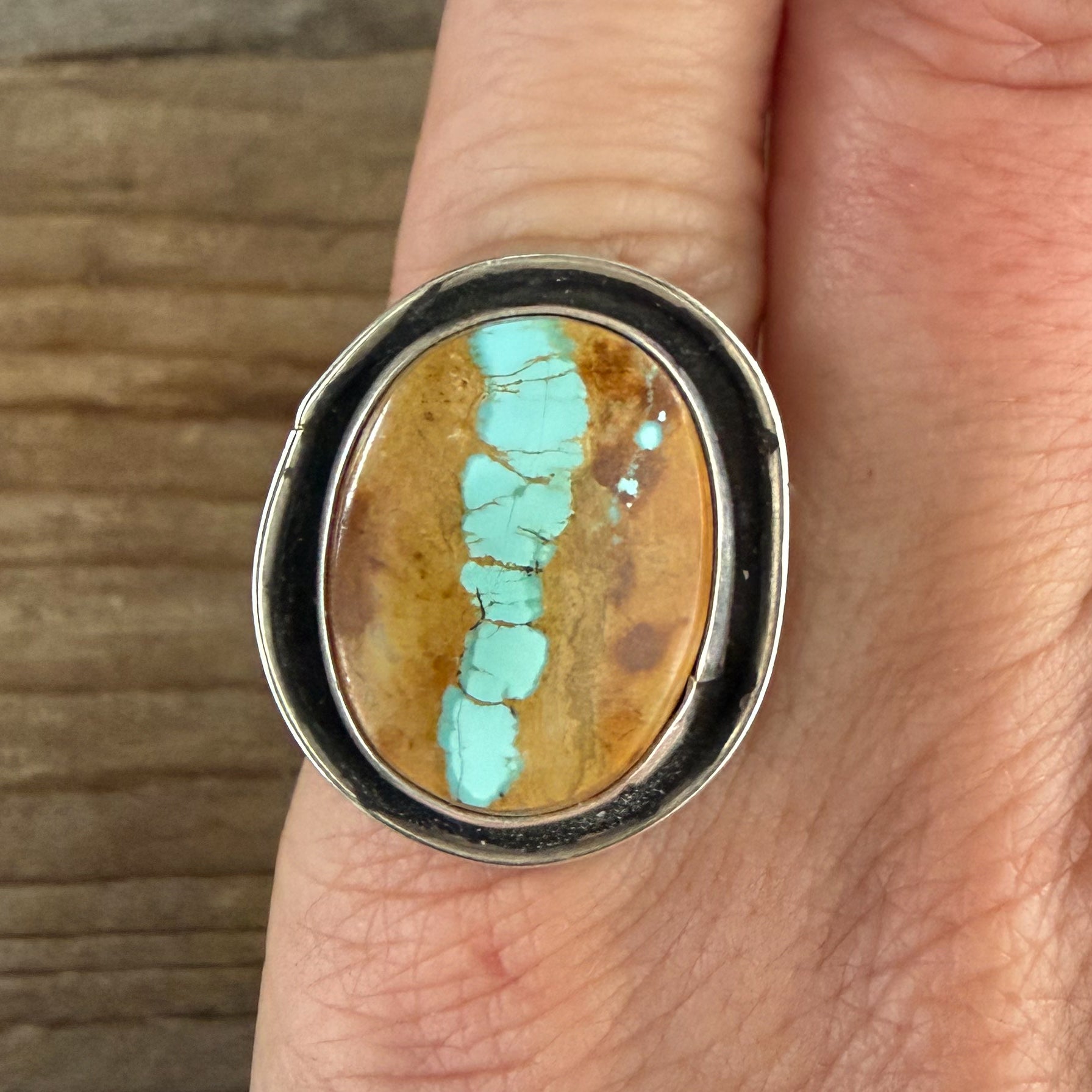 Authentic Native American Handmade Sterling Silver and Royston Ribbon Turquoise Ring size 5 3/4.
