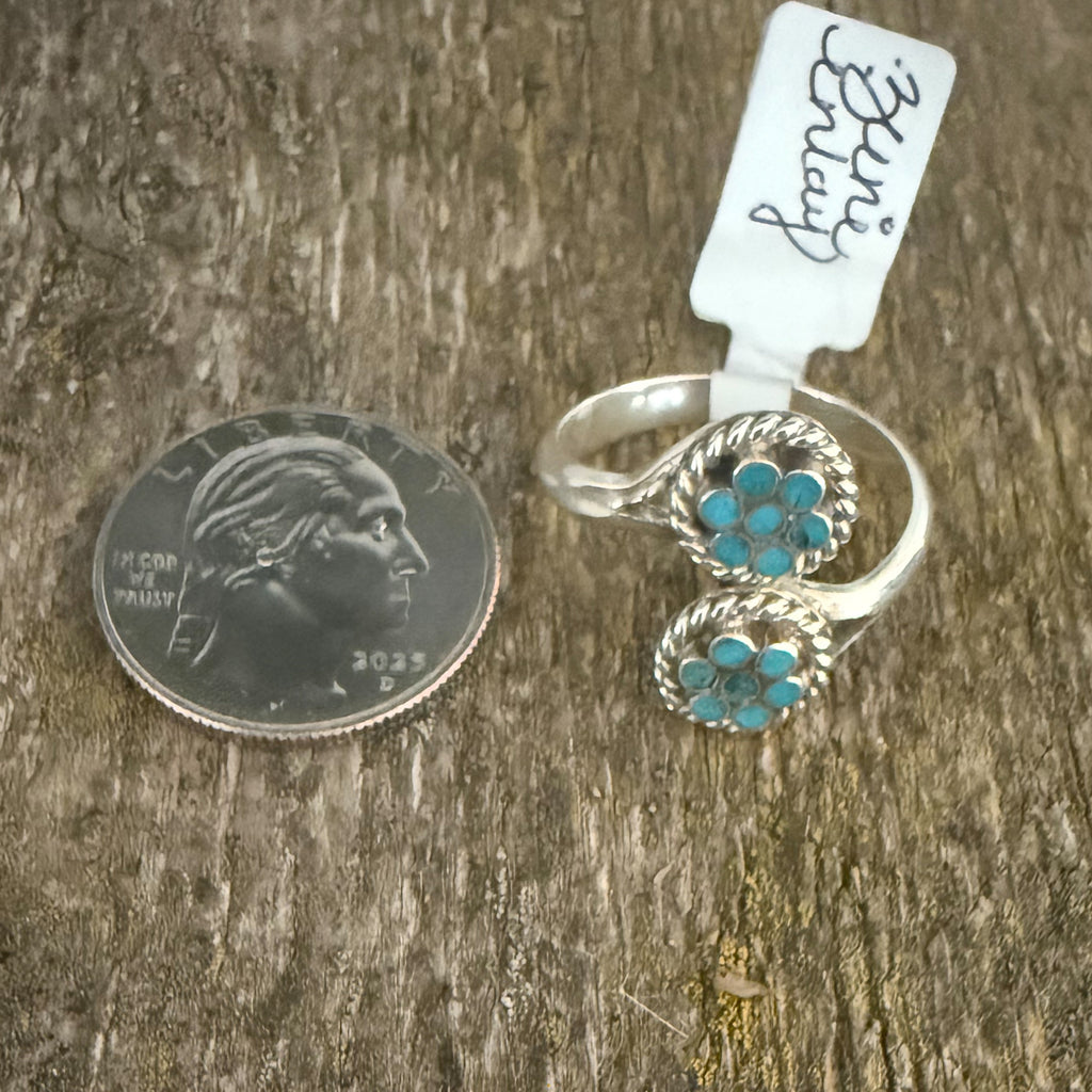 Authentic Native American Handmade Sterling Silver and Turquoise Zuni Inlay Adjustable Ring.