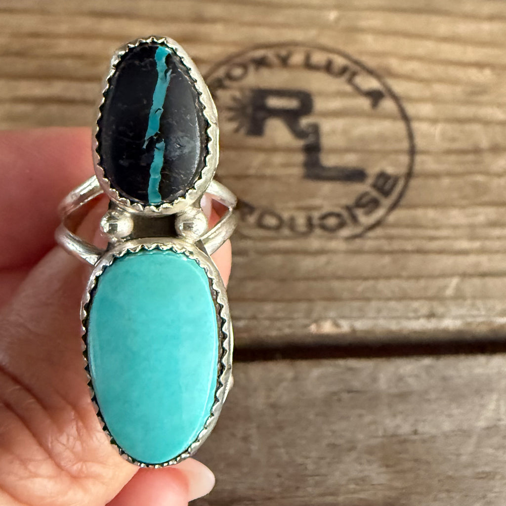 Authentic Native American Handmade Sterling Silver , Turquoise, and Black Jack Ring size 5 1/2