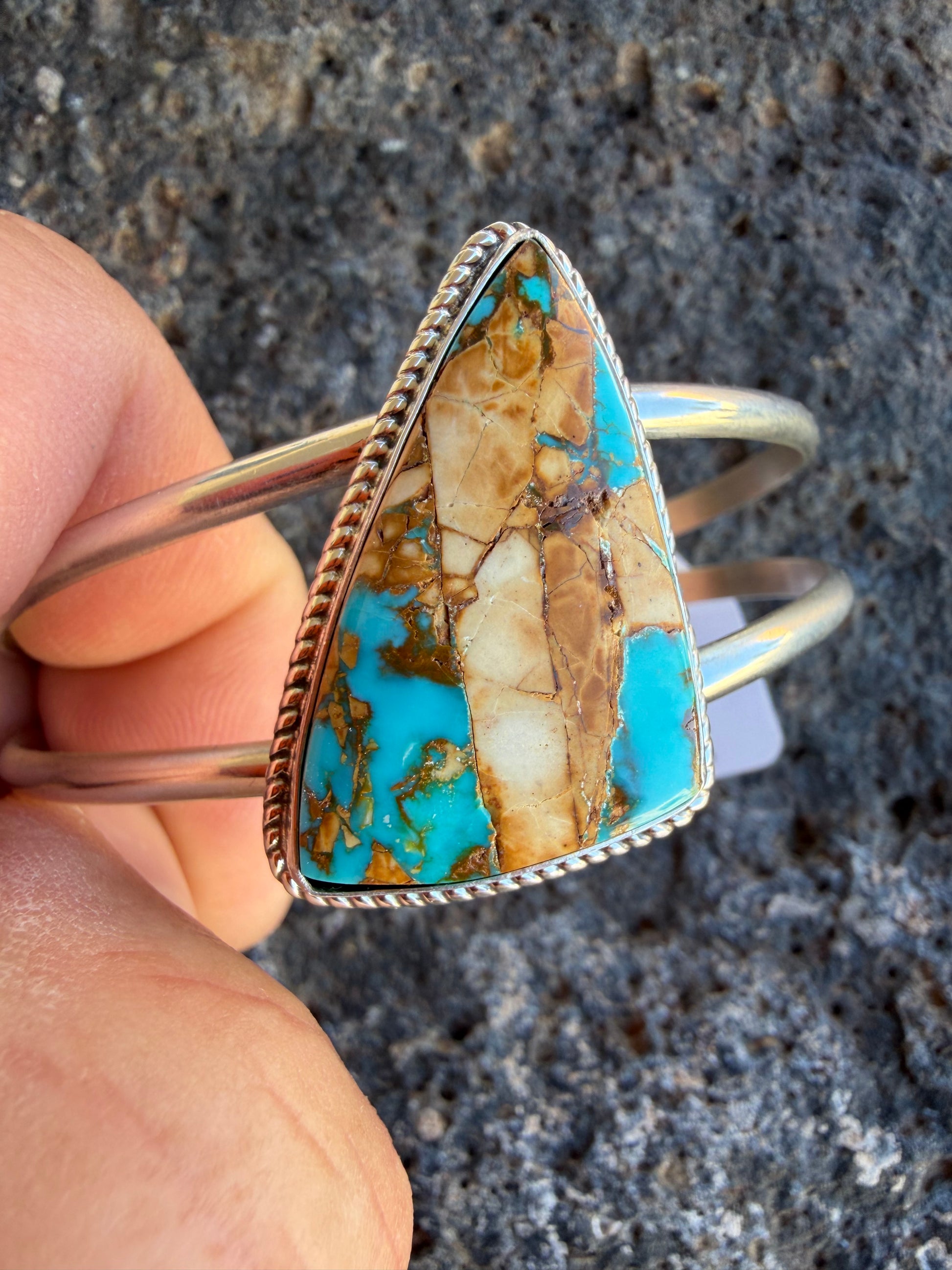 Native American Jennifer Begay Handmade Sterling Silver-Royston Ribbon Turquoise Bracelet-Cuff (Women’s)