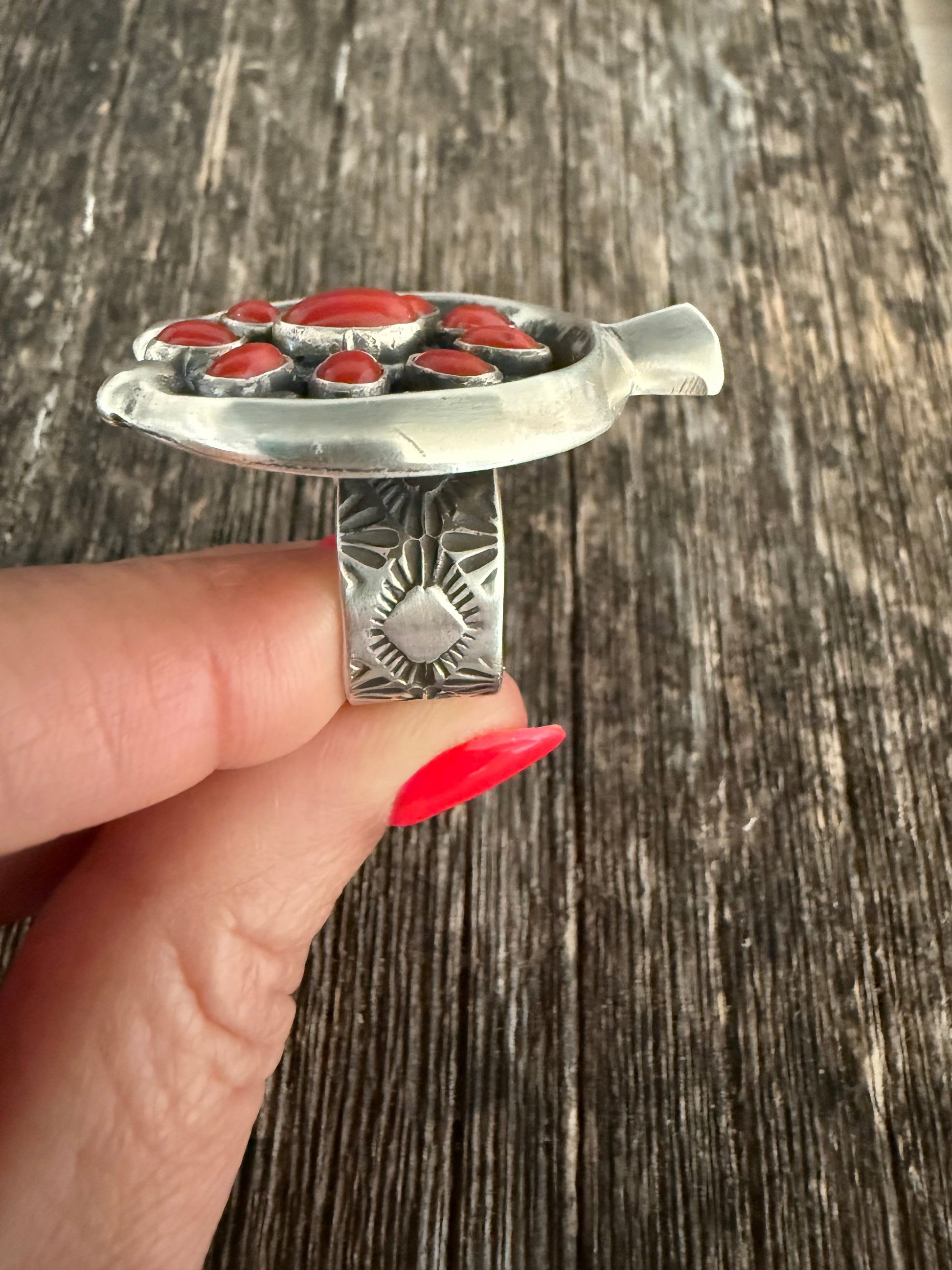 Leon Martinez Handmade Custom Silver Coral Adjustable Ring