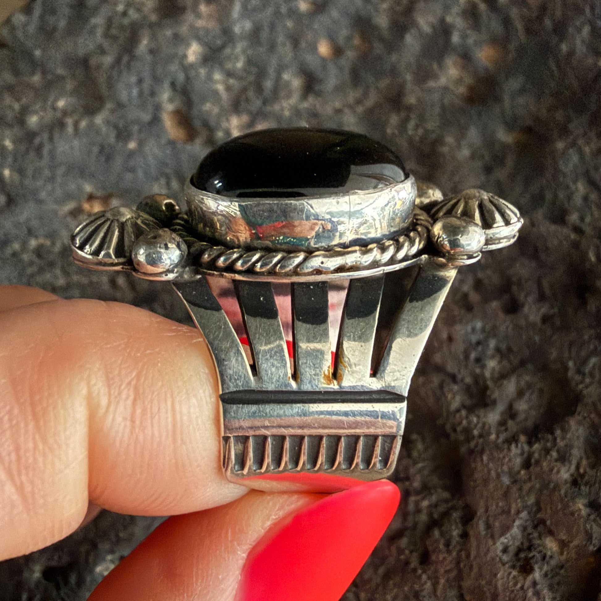 Authentic Native American Handmade Sterling Silver and Black Onyx Ring size 7 1/2.