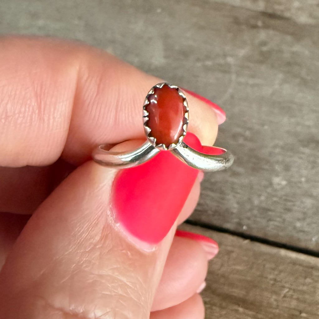 Authentic Native American Handmade Sterling Silver and Coral Ring sizes, 5, 6 1/4, and 8 1/4.