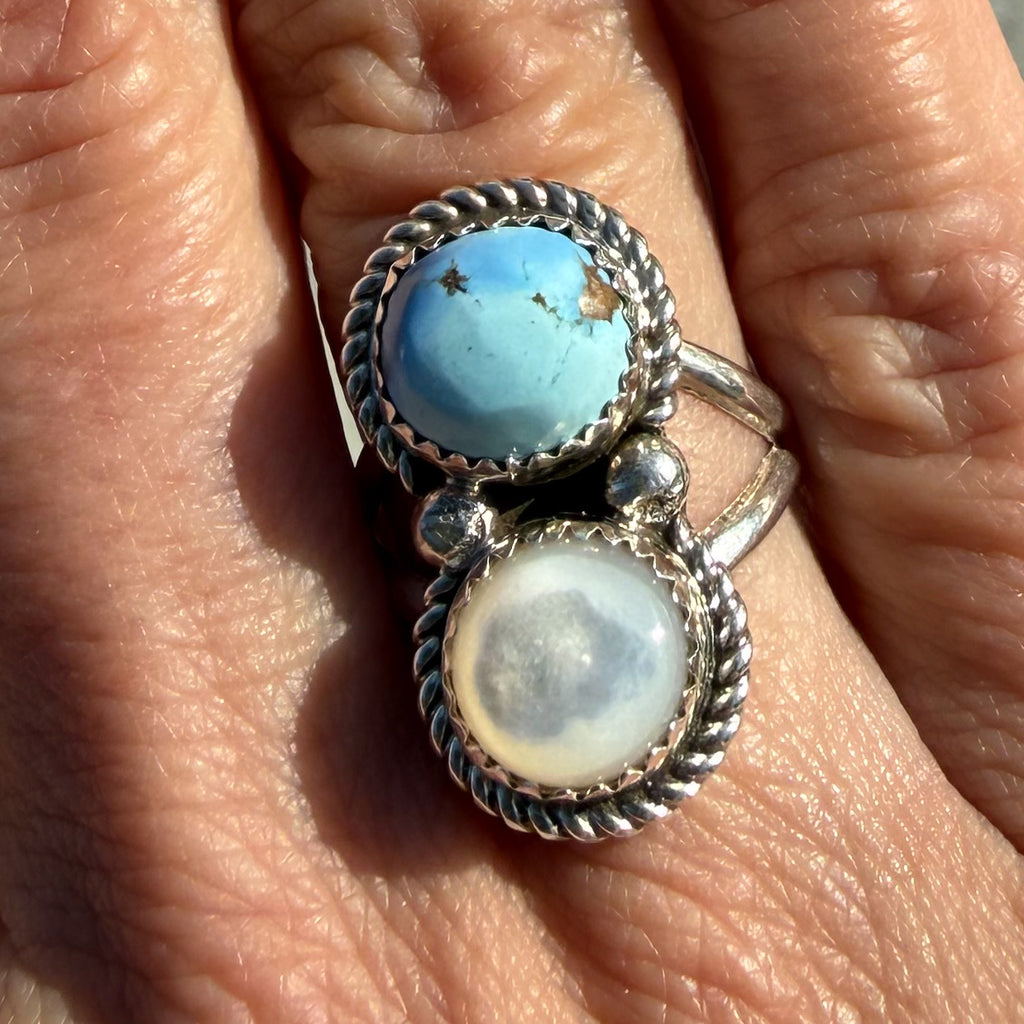 Authentic Native American Handmade Sterling Silver, Golden Hills Turquoise, and Moonstone Ring size 7 1/2.