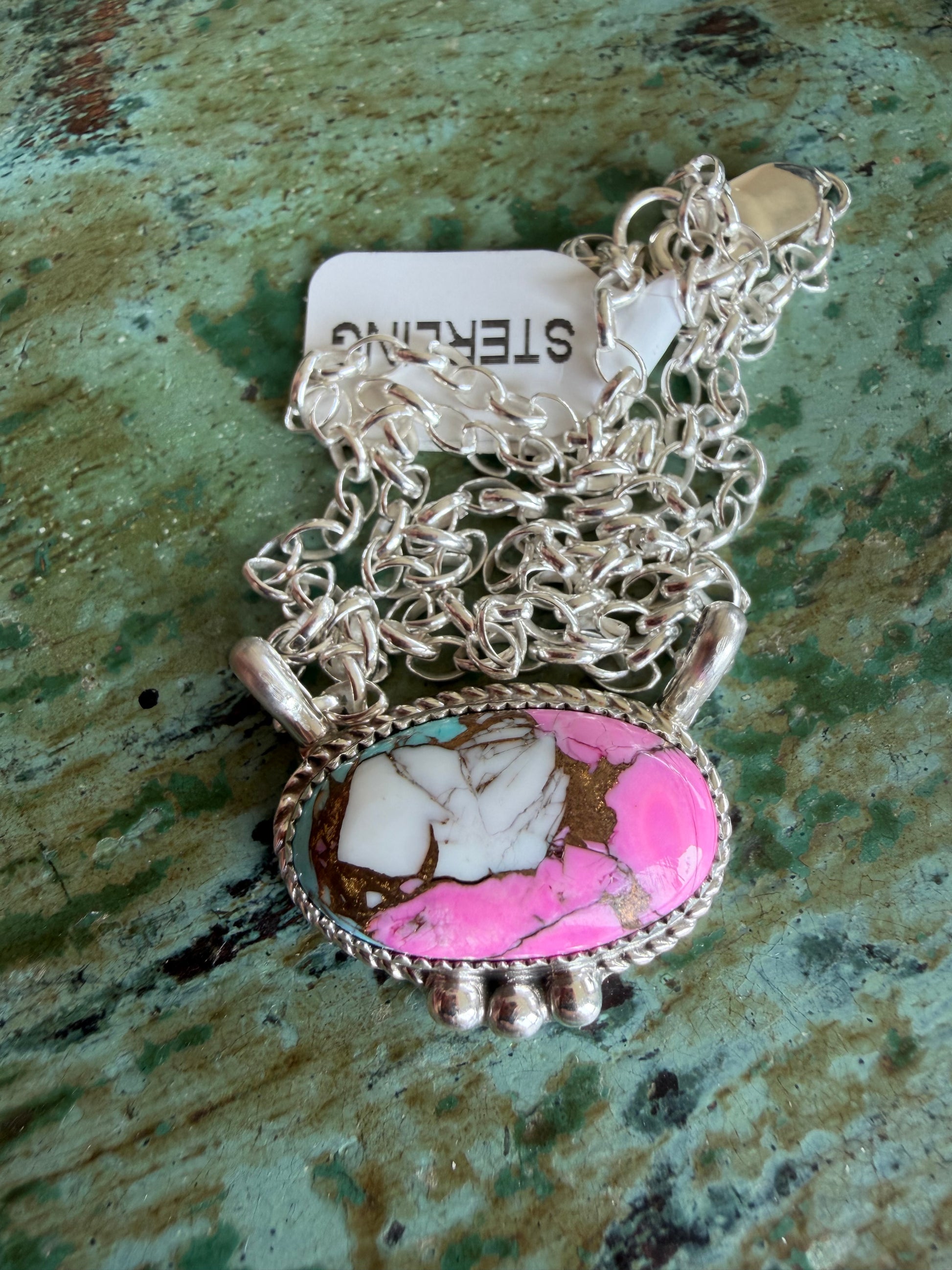 Native American Handmade Cotton Candy Pendant-Sterling Silver Necklace 18”