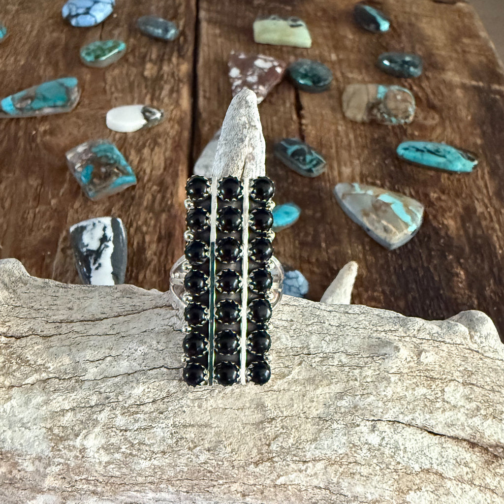 Authentic Native American Handmade Sterling Silver and Black Onyx Zuni Ring size 8 1/2.