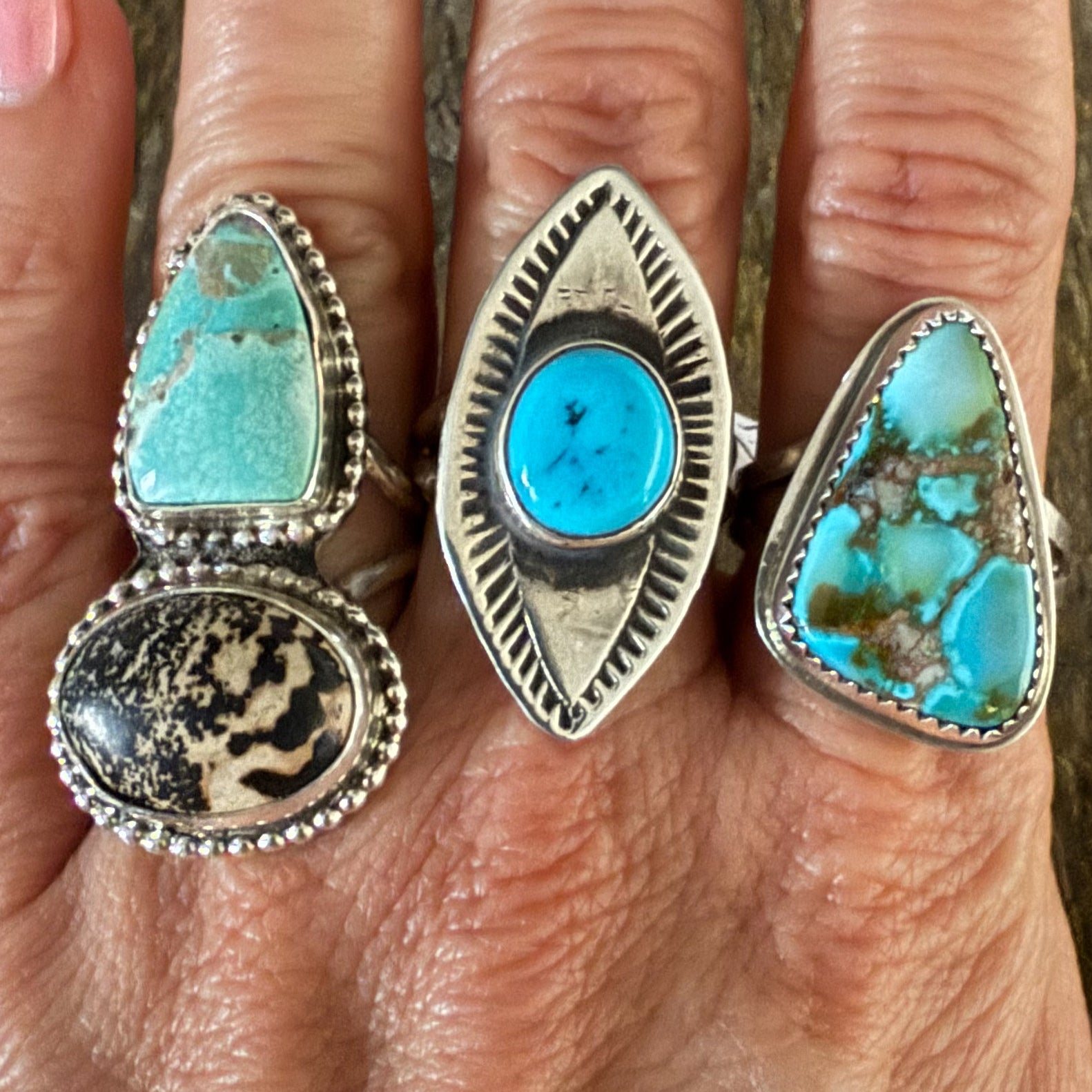 Authentic Native American Handmade Stamped Sterling Silver and Kingman Turquoise Ring  Size 8 1/2.