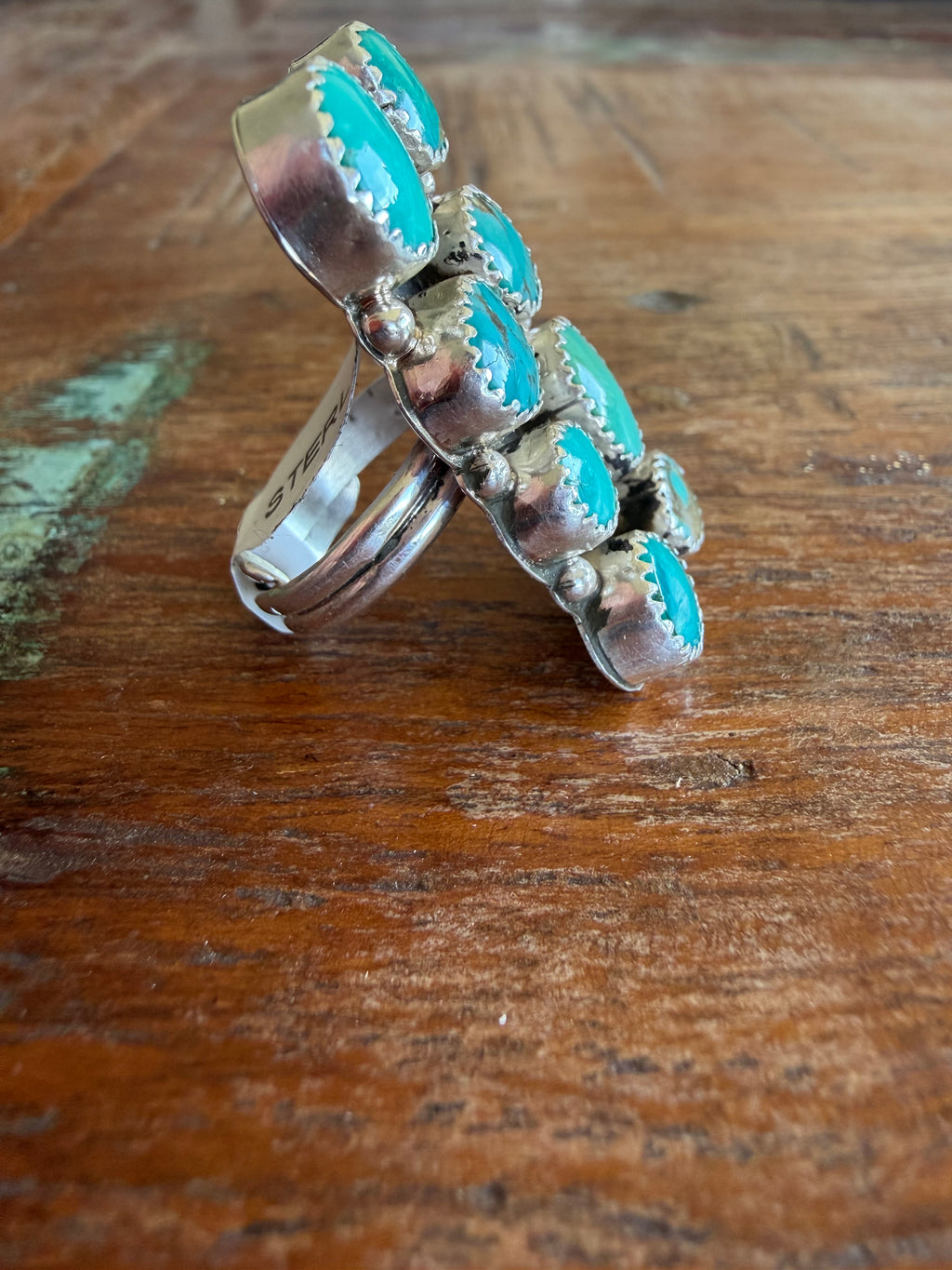 Native American Handmade 8 Stone  Cluster Turquoise-Silver Adjustable Ring