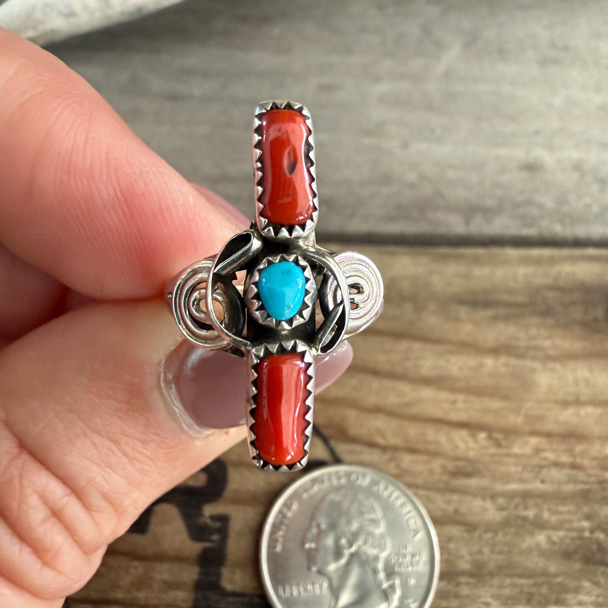 Authentic Native American Handmade Sterling Silver,Turquoise and Mediterranean Coral Ring size 5 1/2