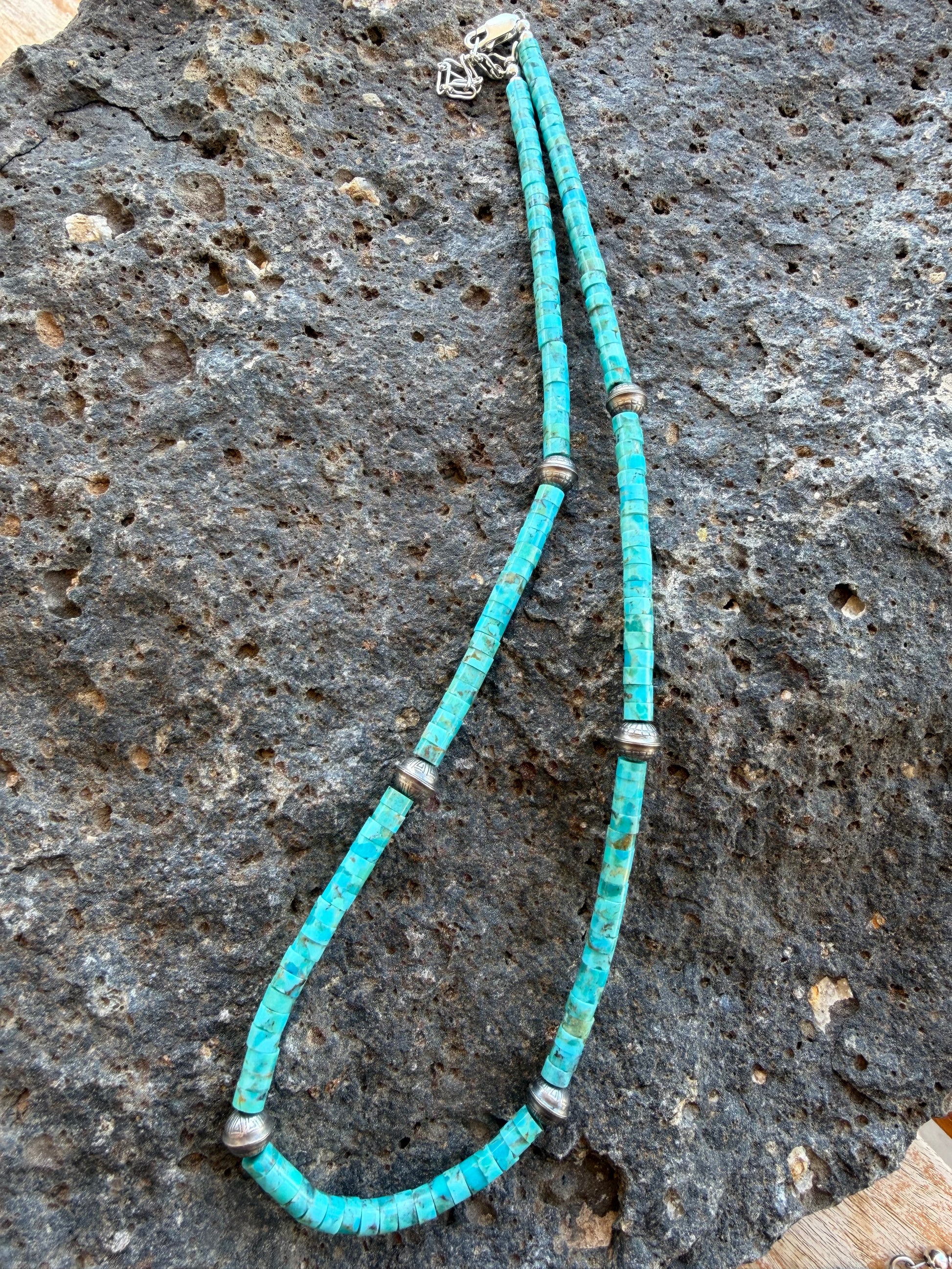 Native American Marquez Tachiini Handmade Turquoise Necklace with Sterling Navajo Beads 14-16” Adjustable Sterling Silver Clasp
