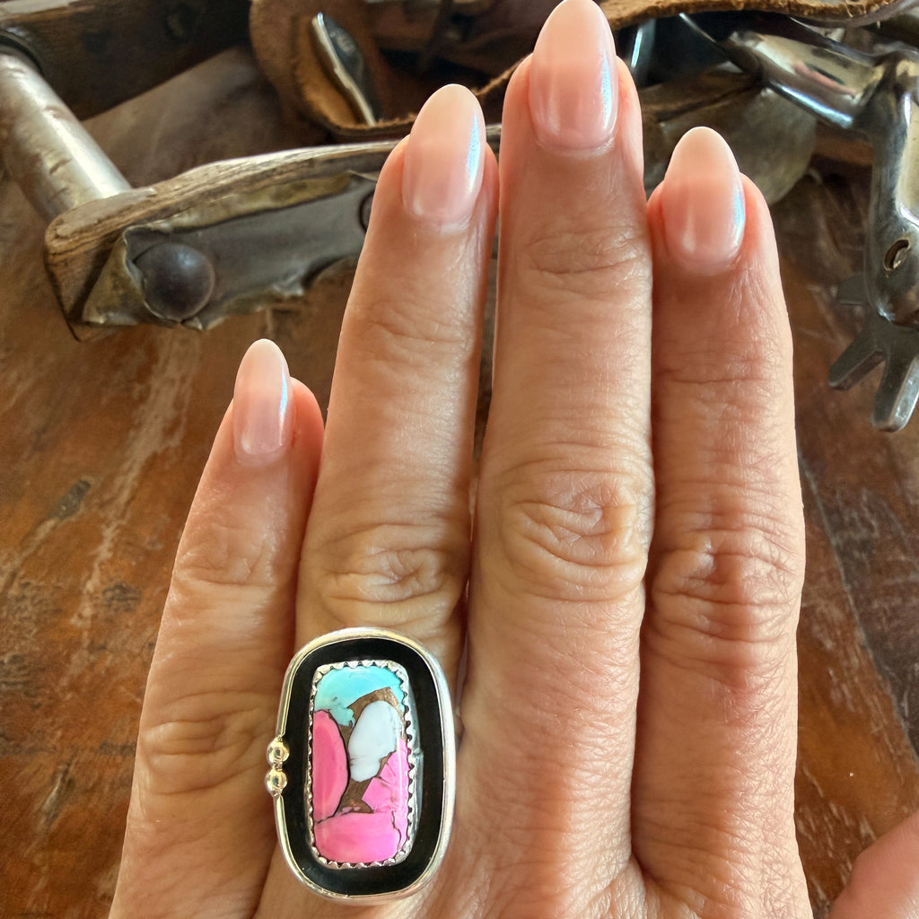 Authentic Native American Handmade Sterling Silver and Cotton Candy Ring size 8 1/2