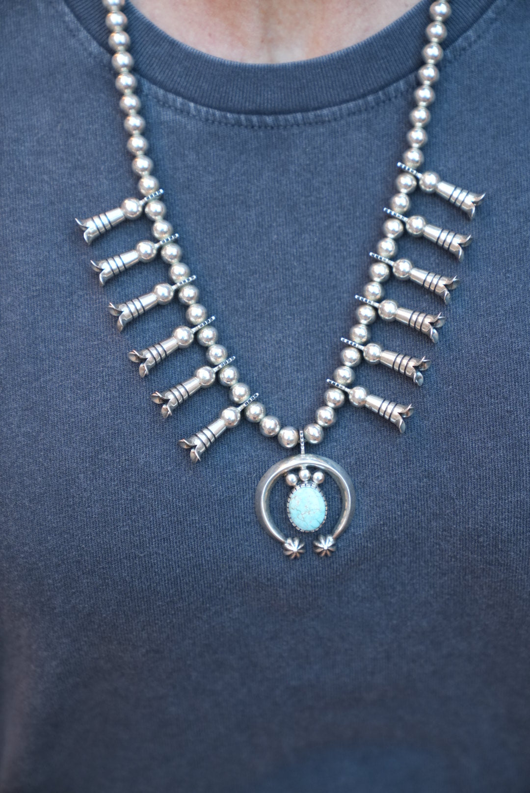 Native American Trent Lee Handmade Sterling Silver Number 8 Turquoise Squash Blossom with matching Earrings