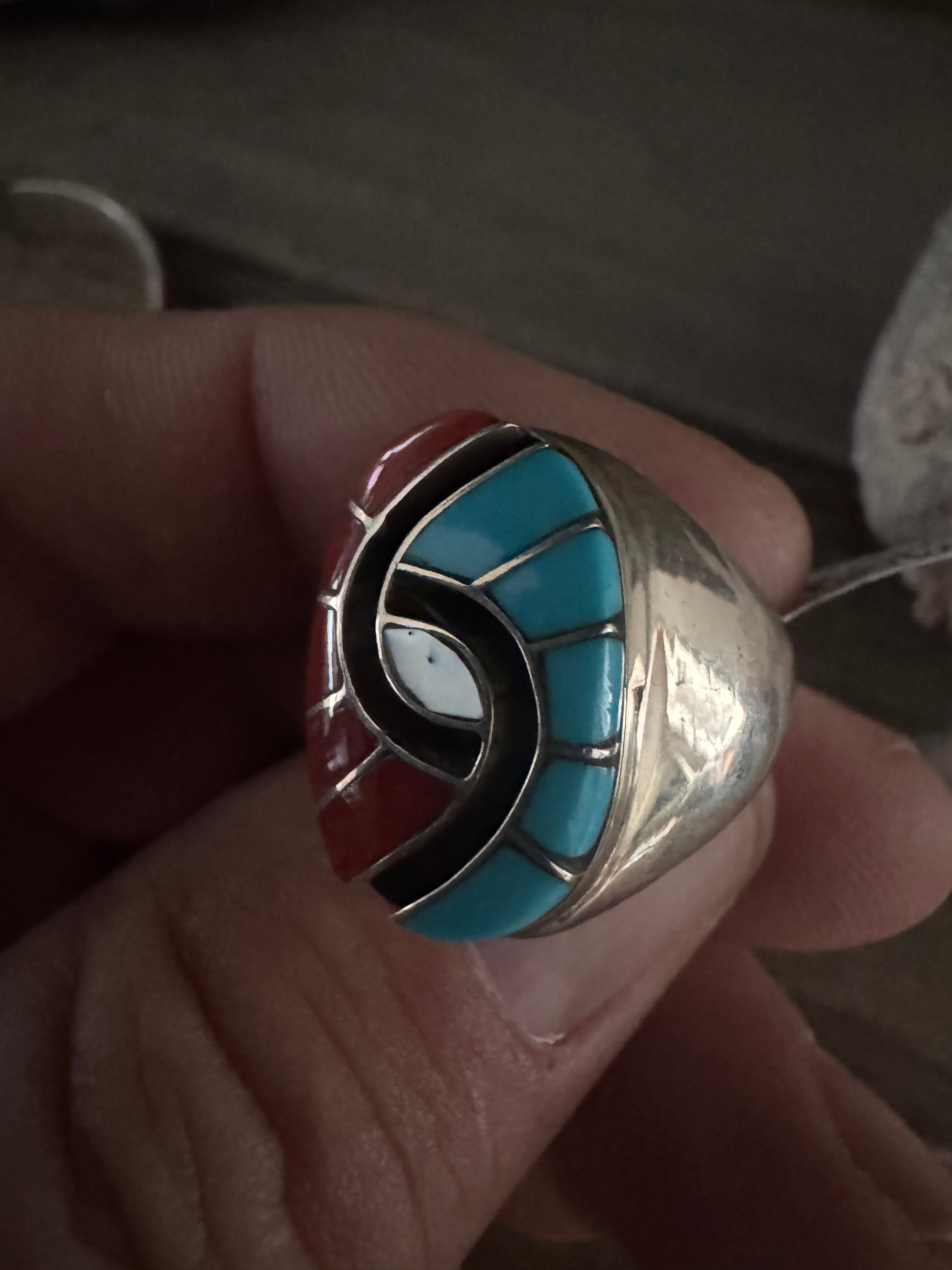 Turquoise-Mother of Pearl-Coral Handmade Ring Size 9.5