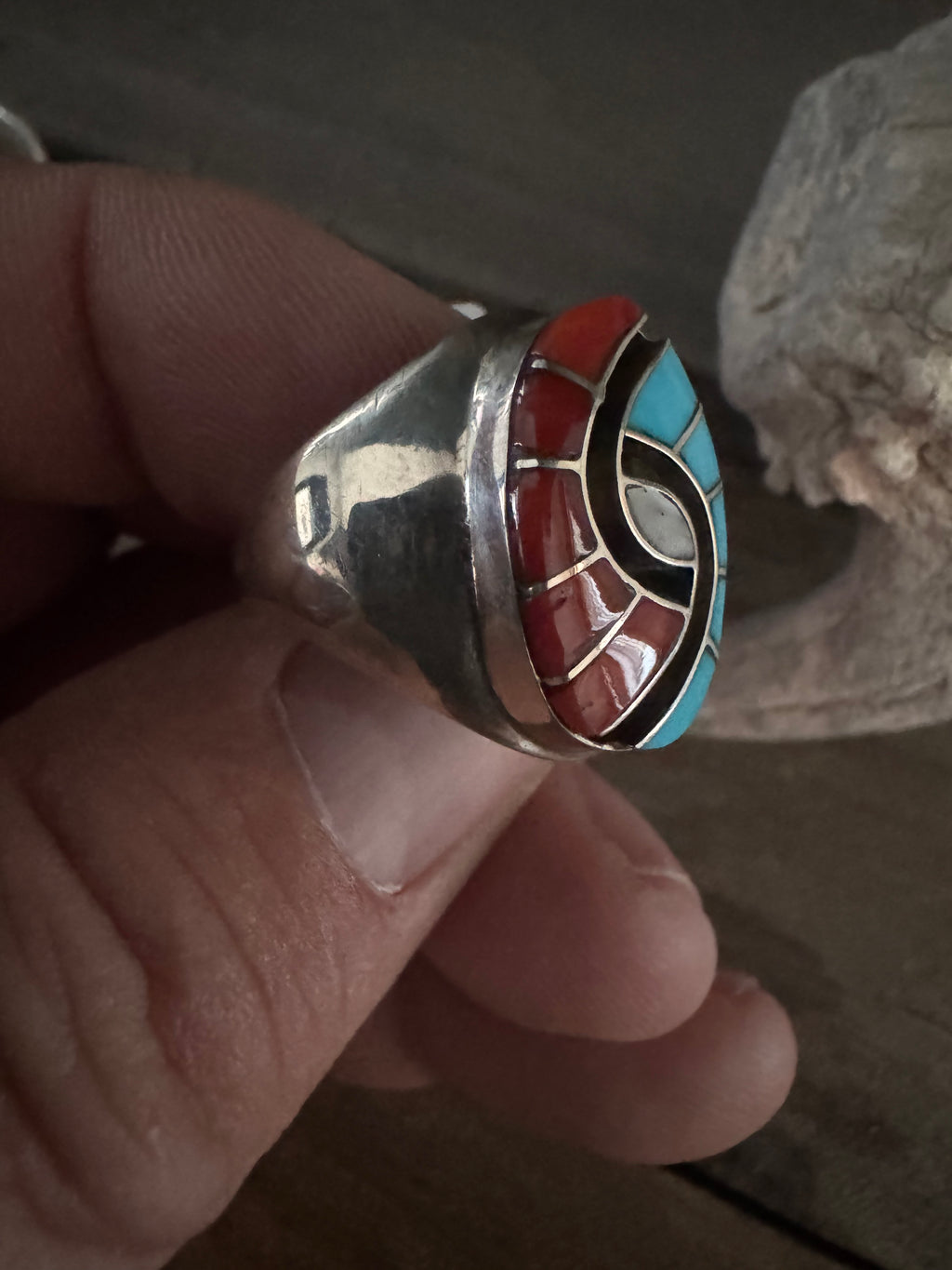 Turquoise-Mother of Pearl-Coral Handmade Ring Size 9.5