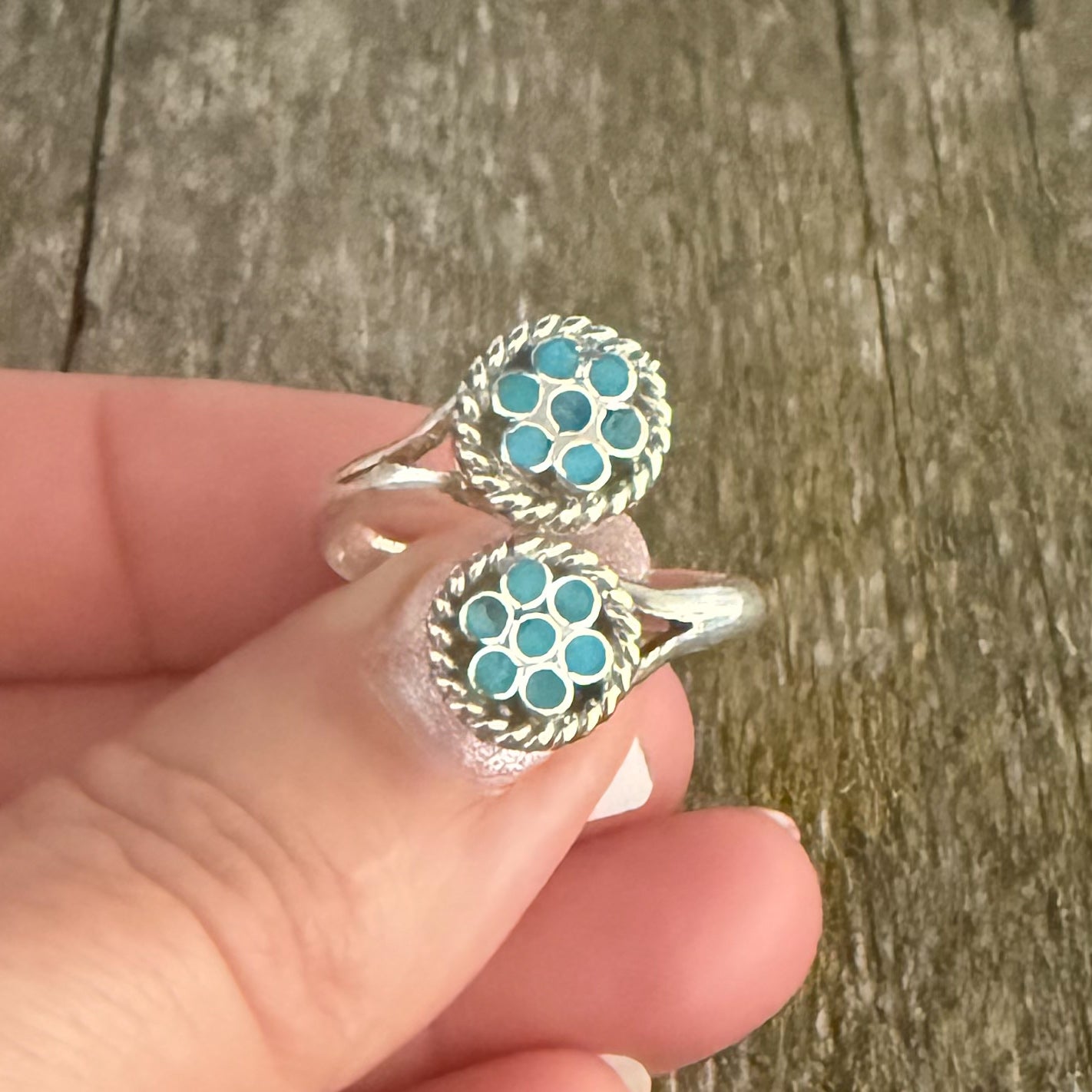 Authentic Native American Handmade Sterling Silver and Turquoise Zuni Inlay Adjustable Ring.