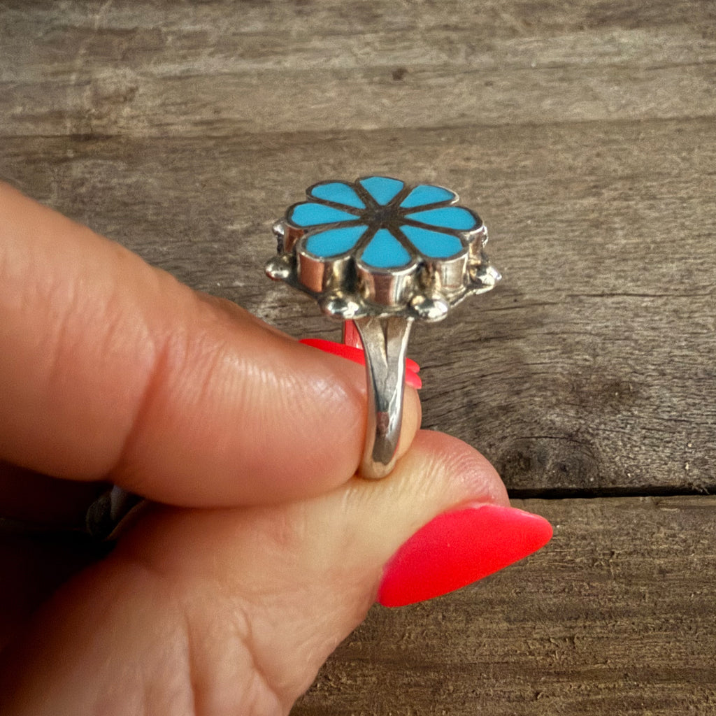Authentic Native American Handmade Zuni Inlay Sterling Silver and Turquoise Ring size 6 1/4.