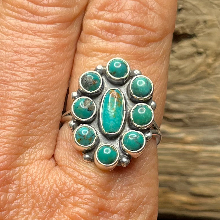 Authentic Native American Handmade Sterling Silver Turquoise Flower Cluster Ring Size 8 1/4.
