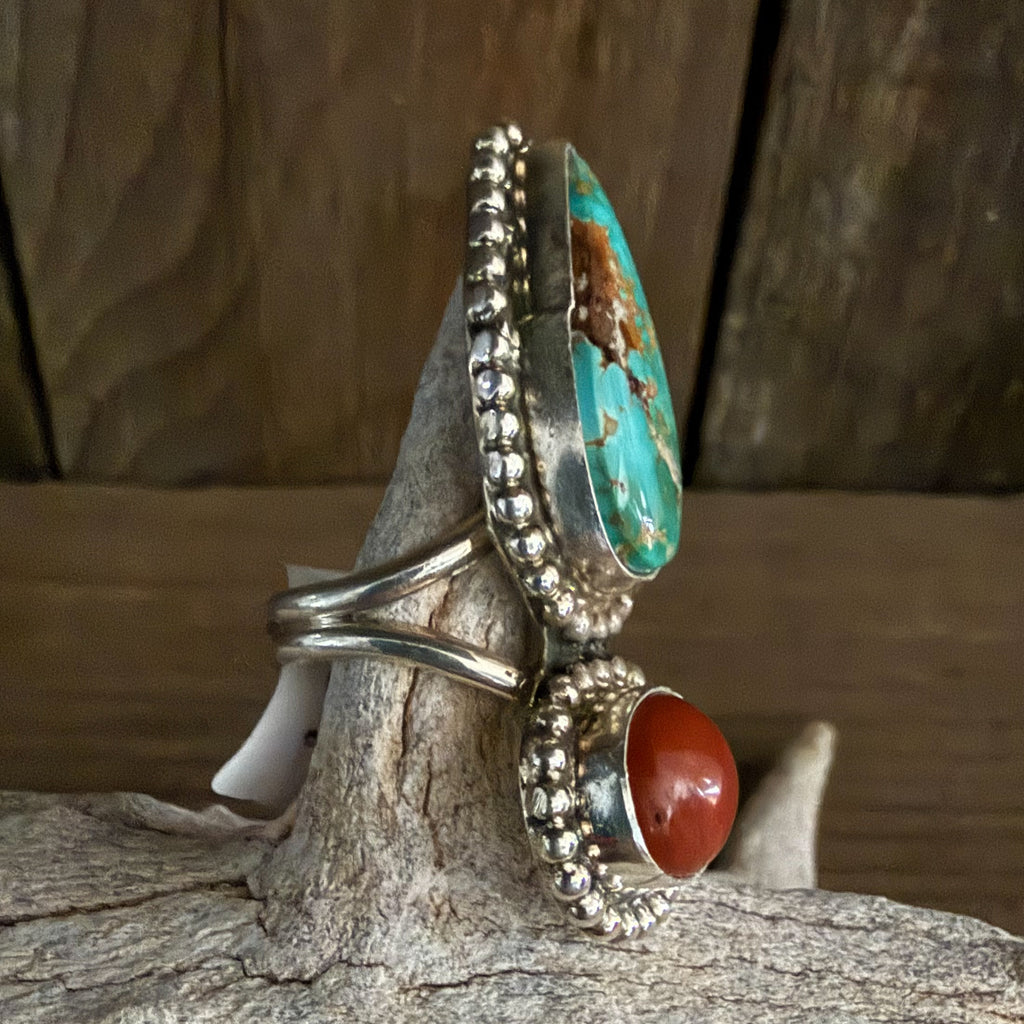 Authentic Native American Handmade Red Jasper and Turquoise Ring Size 7 1/2.