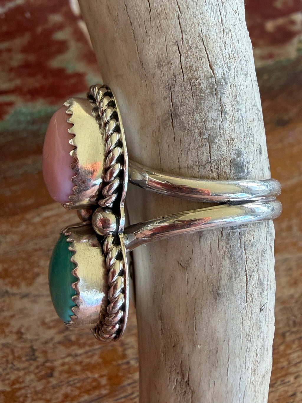 Native American Handmade Pink Conch-Turquoise Sterling Double Stack Ring