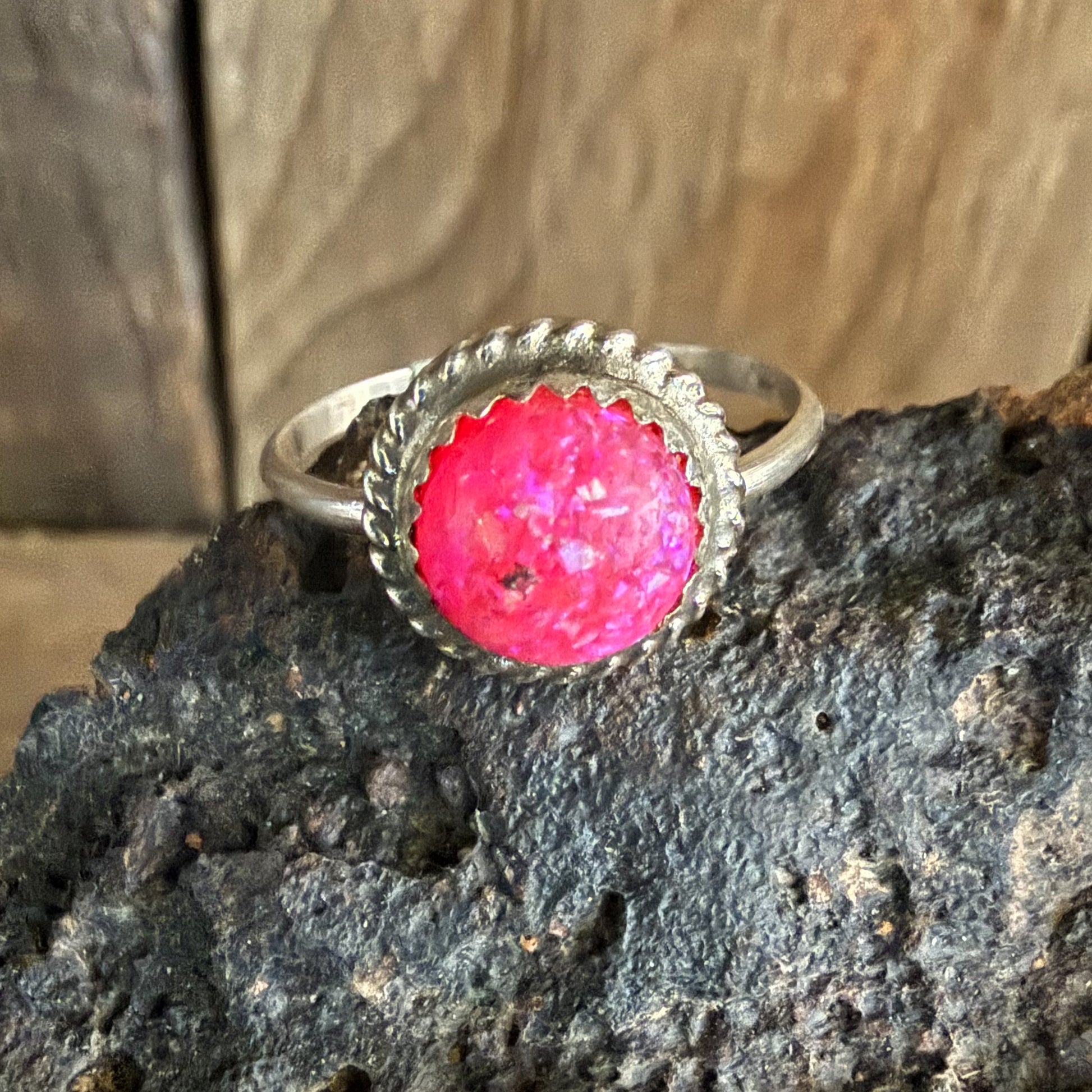 Authentic Native American Handmade Sterling Silver and Hot Pink Opal Ring size 8 1/4.