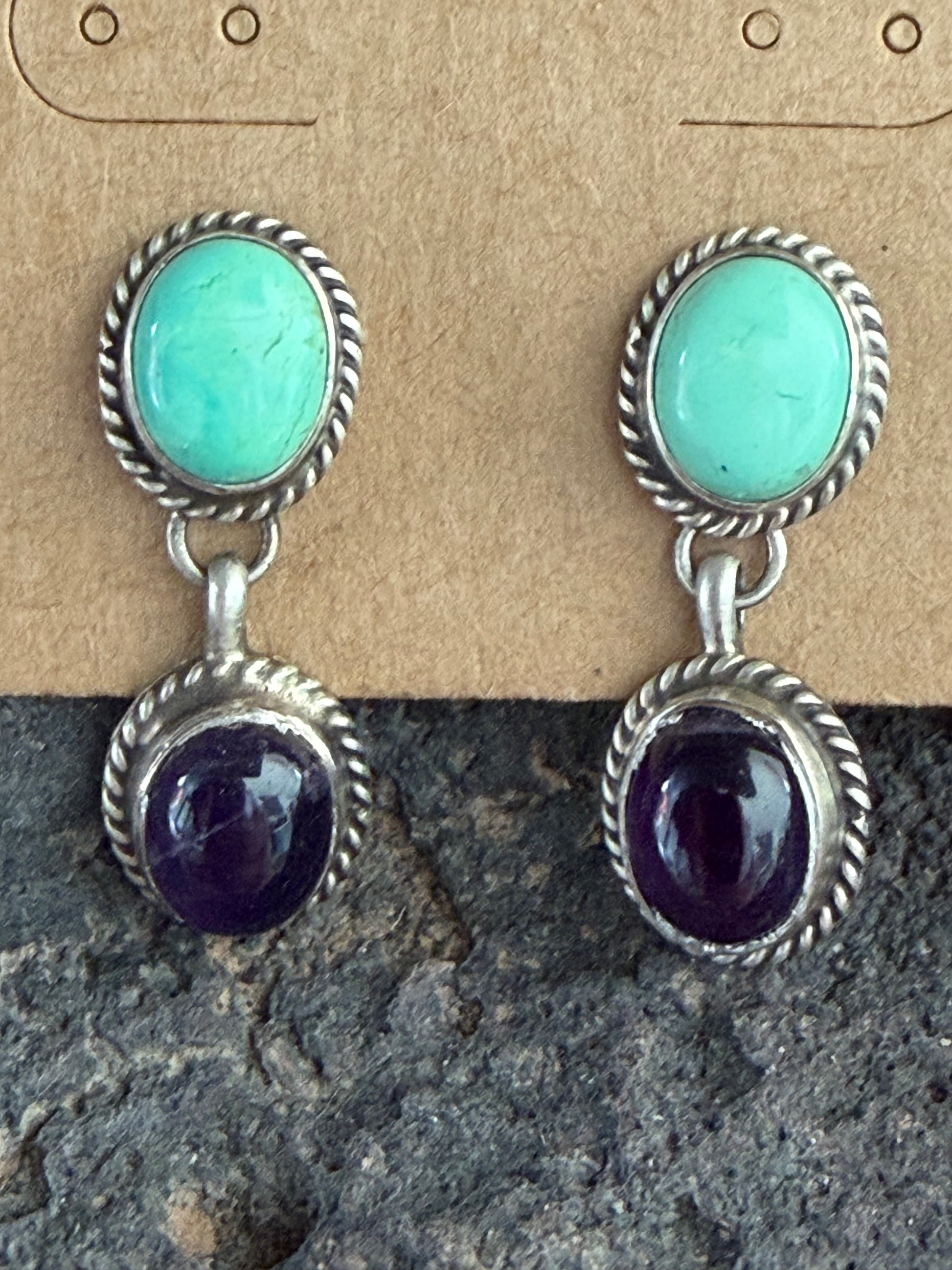 Natives American Handmade Sterling Silver Turquoise-Black Onyx Earrings