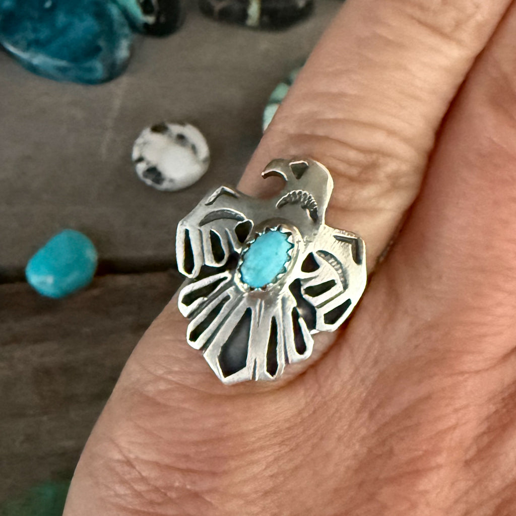 Authentic Native American Handmade Sterling Silver and Turquoise Thunderbird Ring size 5.