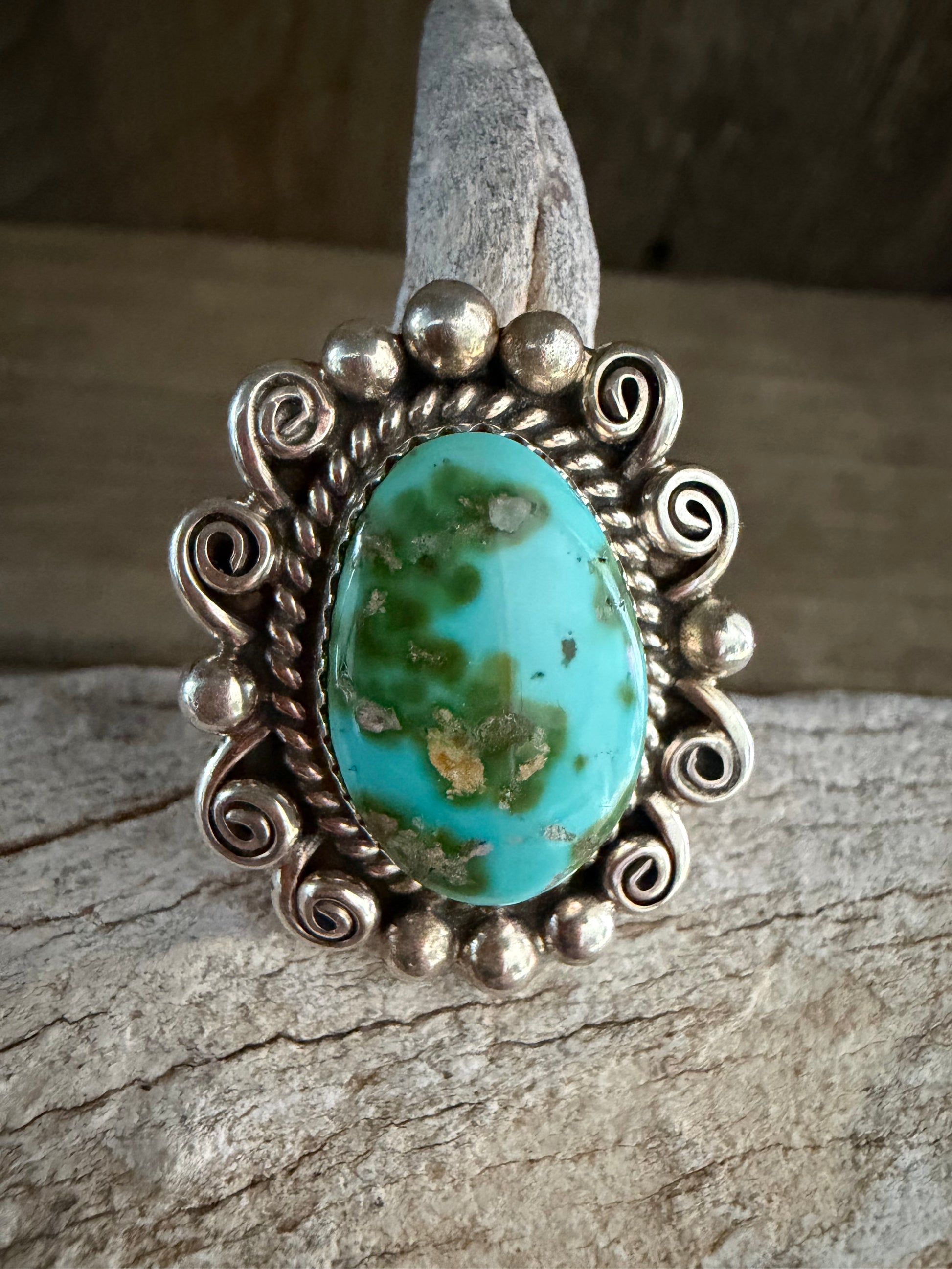 Native American Julia Etsitty Handmade Sonoran Gold Turquoise-Sterling Silver Ring Size 6.75