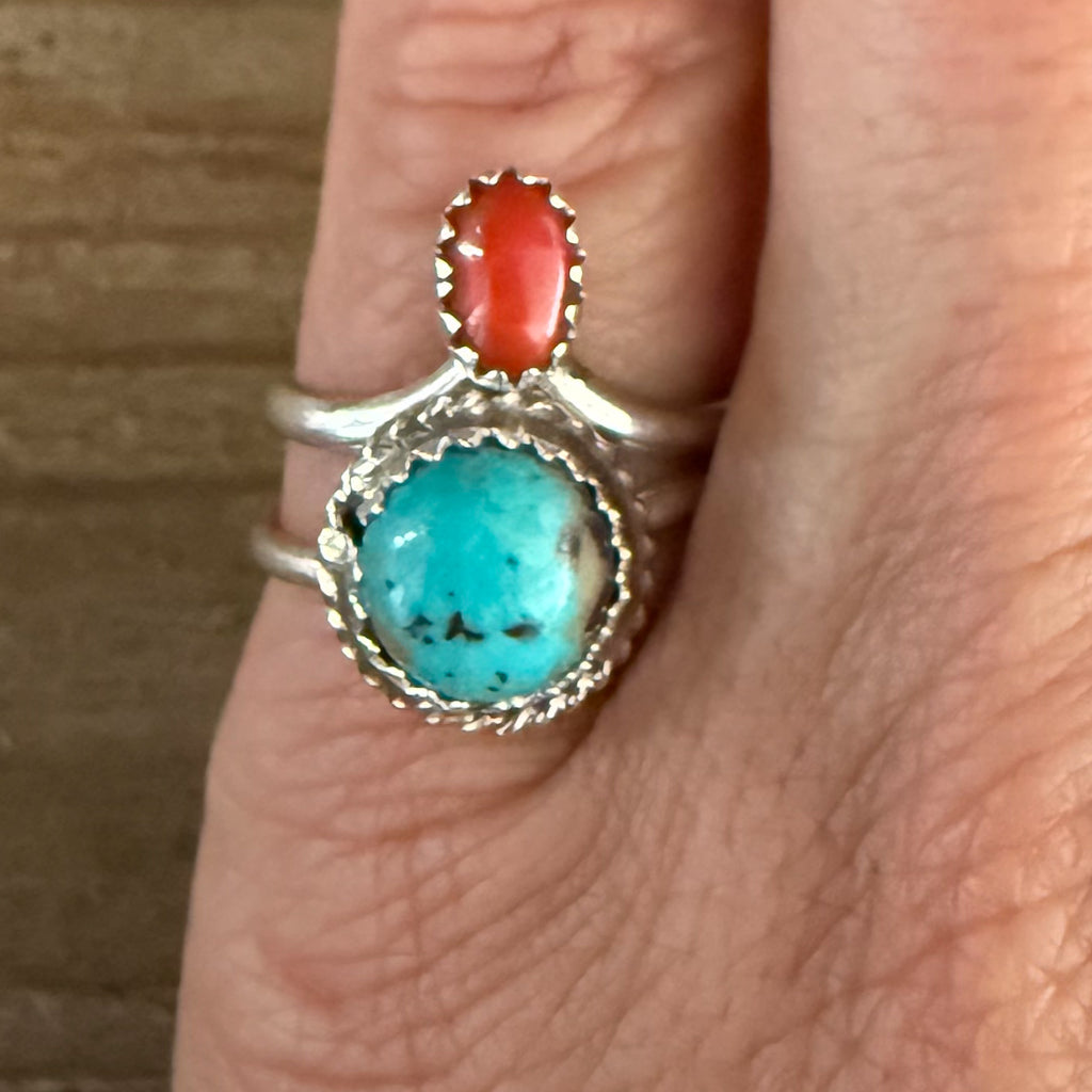 Authentic Native American Handmade Sterling Silver and Coral Ring sizes, 5, 6 1/4, and 8 1/4.