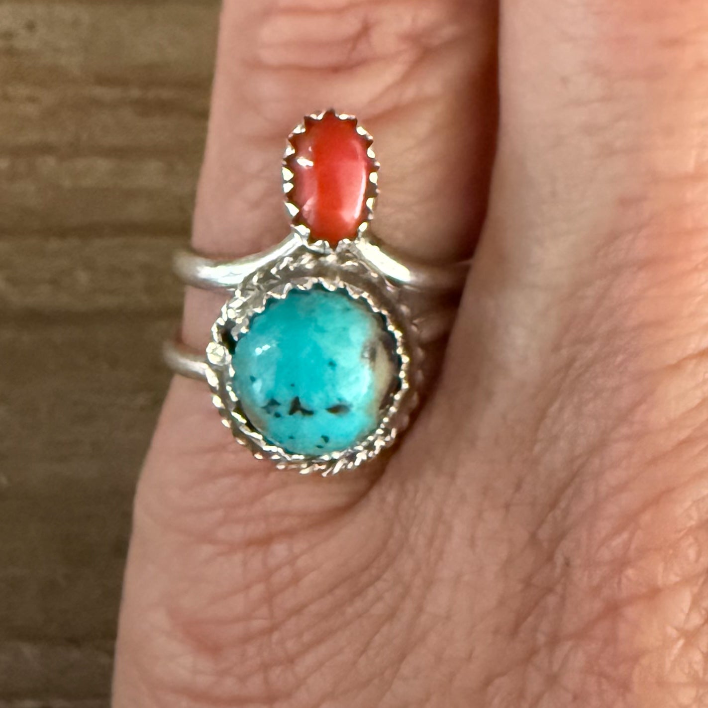 Authentic Native American Handmade Sterling Silver and Coral Ring sizes, 5, 6 1/4, and 8 1/4.
