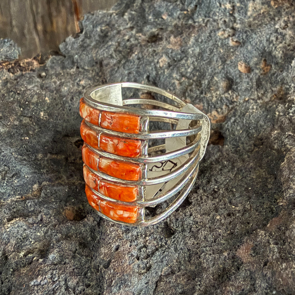 Authentic Native American Handmade Sterling Silver and Orange Spiny Oyster Zuni Inlay Ring size 7 1/2.