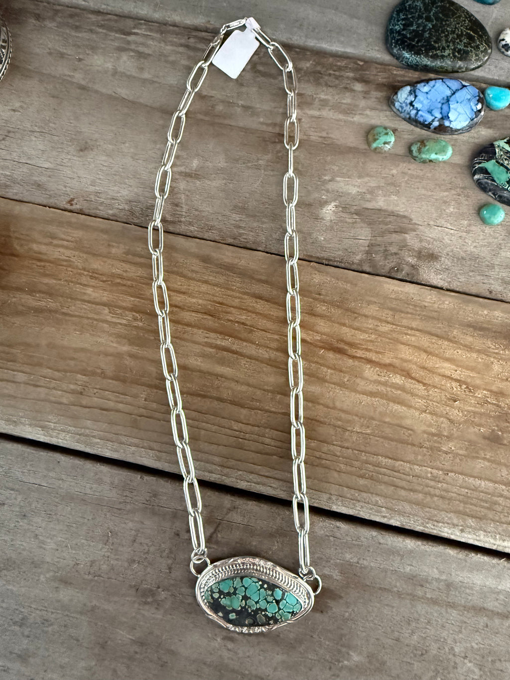 Authentic Native American Handmade Sterling Silver and Hubei Turquoise 18” Paper Clip Chain Necklace.
