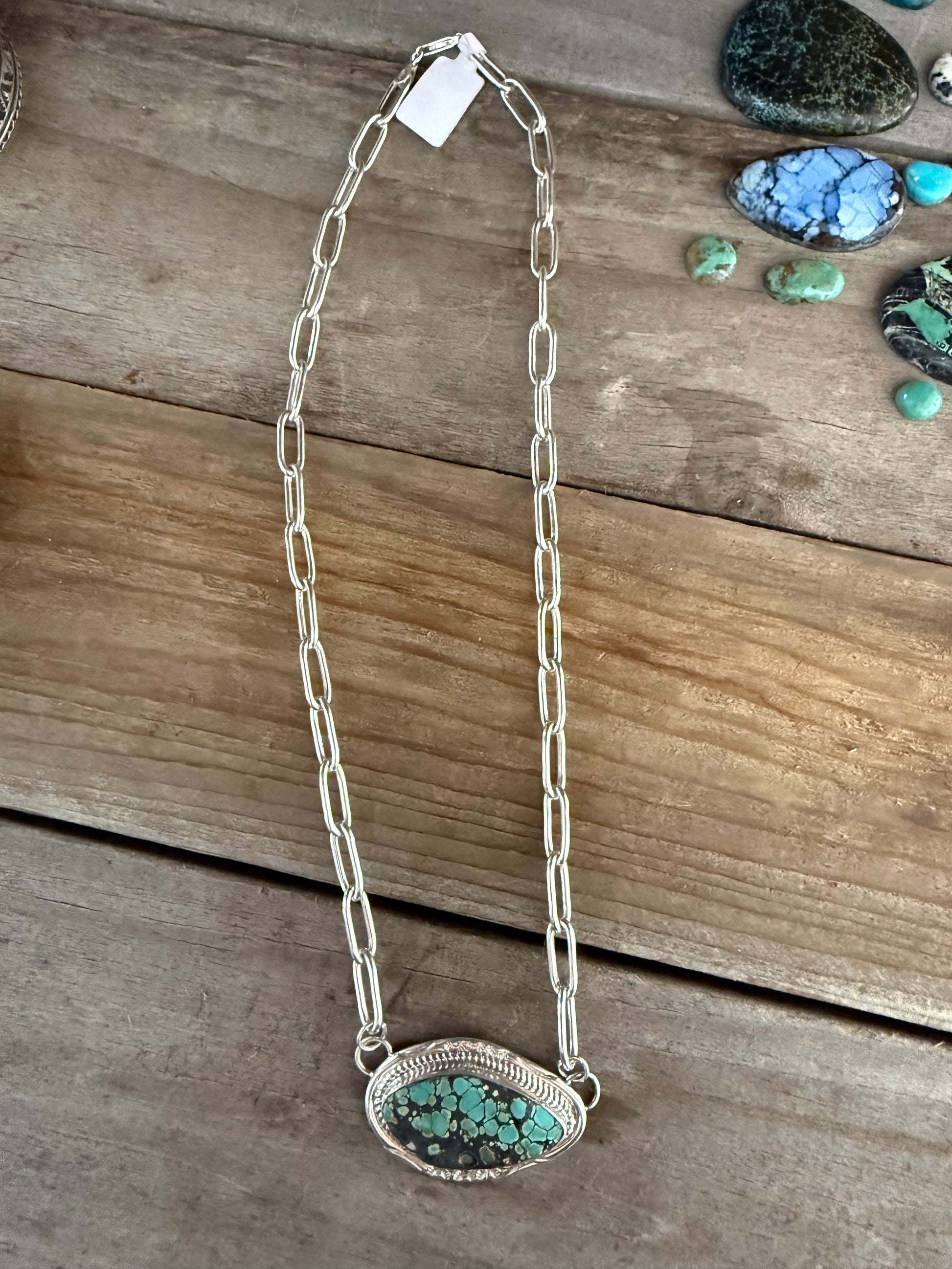 Authentic Native American Handmade Sterling Silver and Hubei Turquoise 18” Paper Clip Chain Necklace.