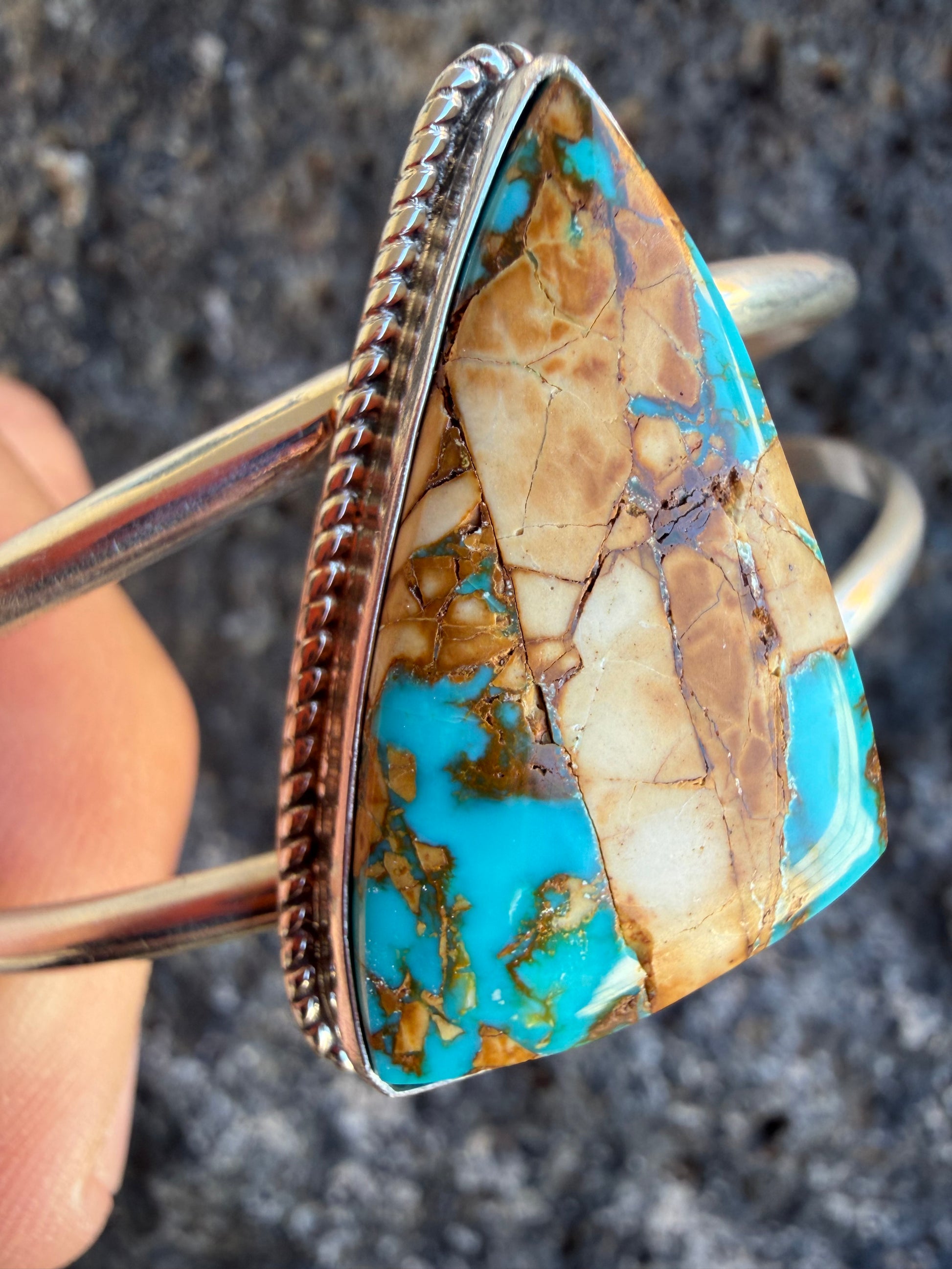 Native American Jennifer Begay Handmade Sterling Silver-Royston Ribbon Turquoise Bracelet-Cuff (Women’s)