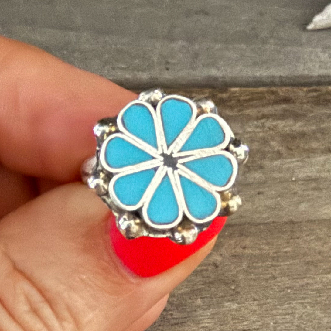 Authentic Native American Handmade Zuni Inlay Sterling Silver and Turquoise Ring size 6 1/4.